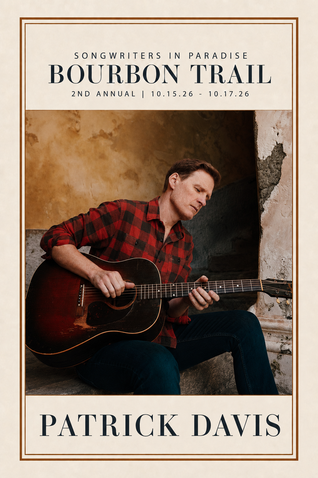 Event poster for SIP Bourbon Trail. Patrick Davis with guitar in gold with dark blue border.