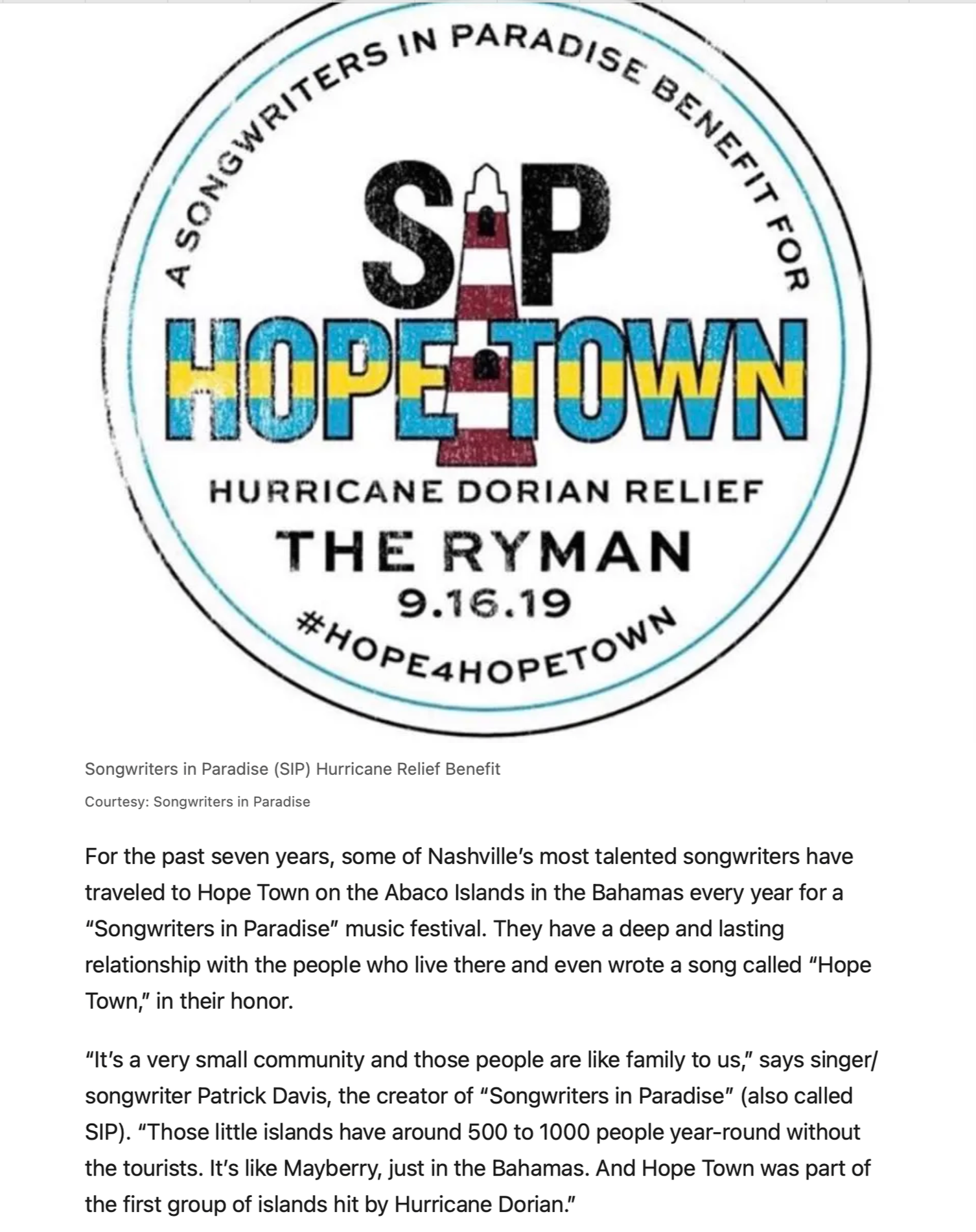 Circular logo with the text 'Songwriters in Paradise Benefit for Hurricane Dorian Relief.' Features a lighthouse, the words 'Hope Town,' and event details including date '9.16.19' and hashtag #Hope4HopeTown.