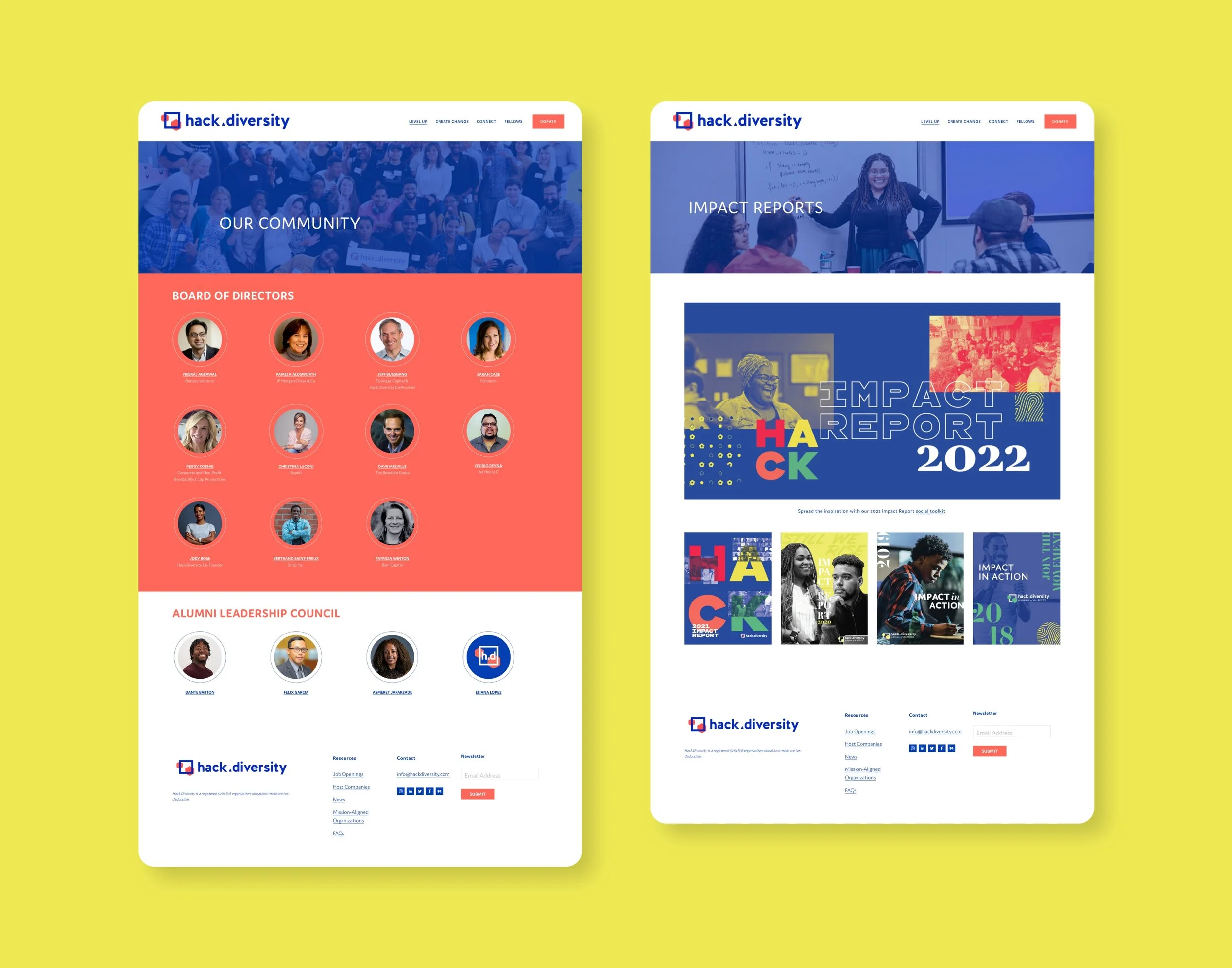 Hack.Diversity website Commjunity and Impact Reports pages