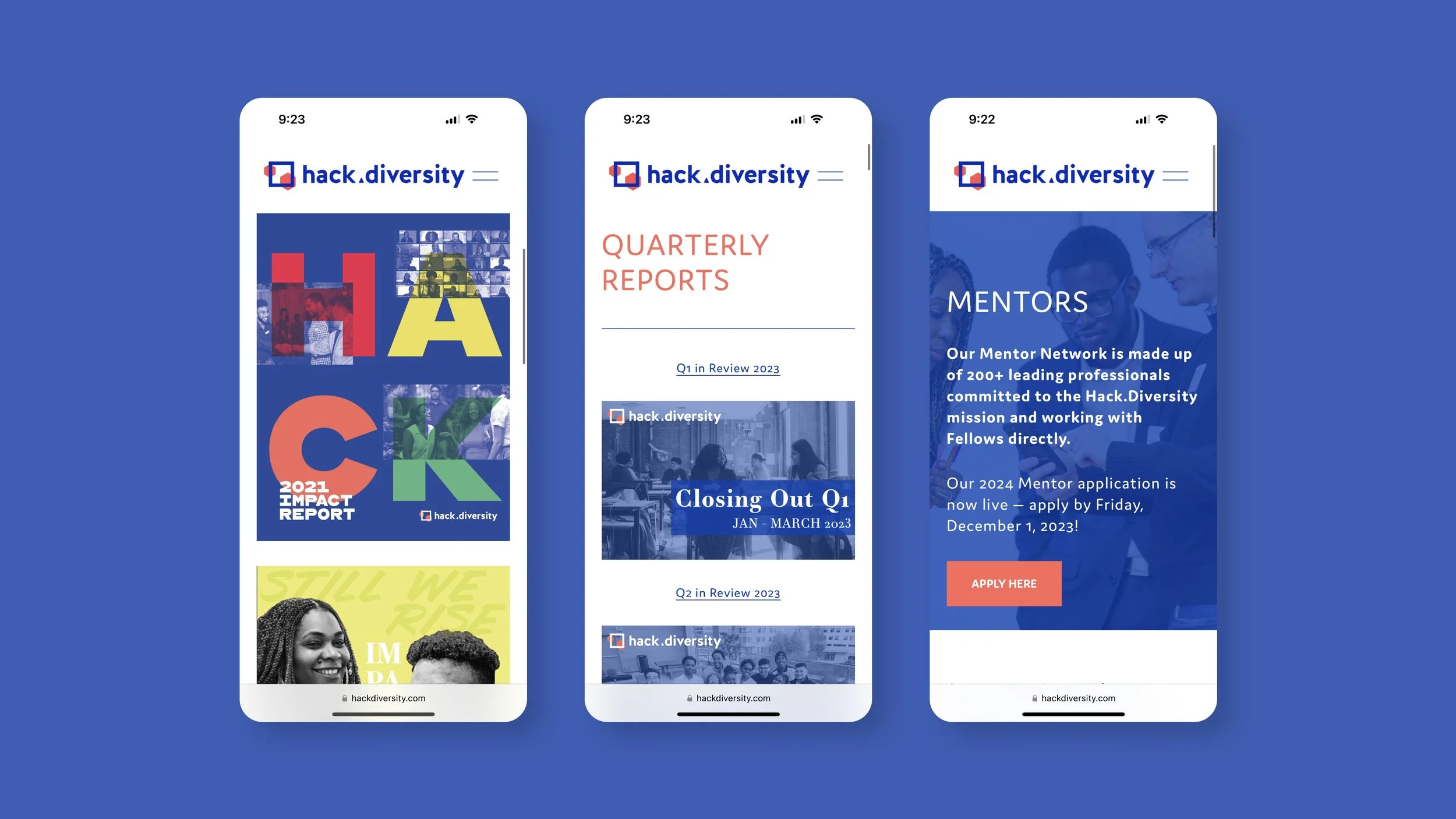 Hack Diversity mobile website pages for Reports and Mentors