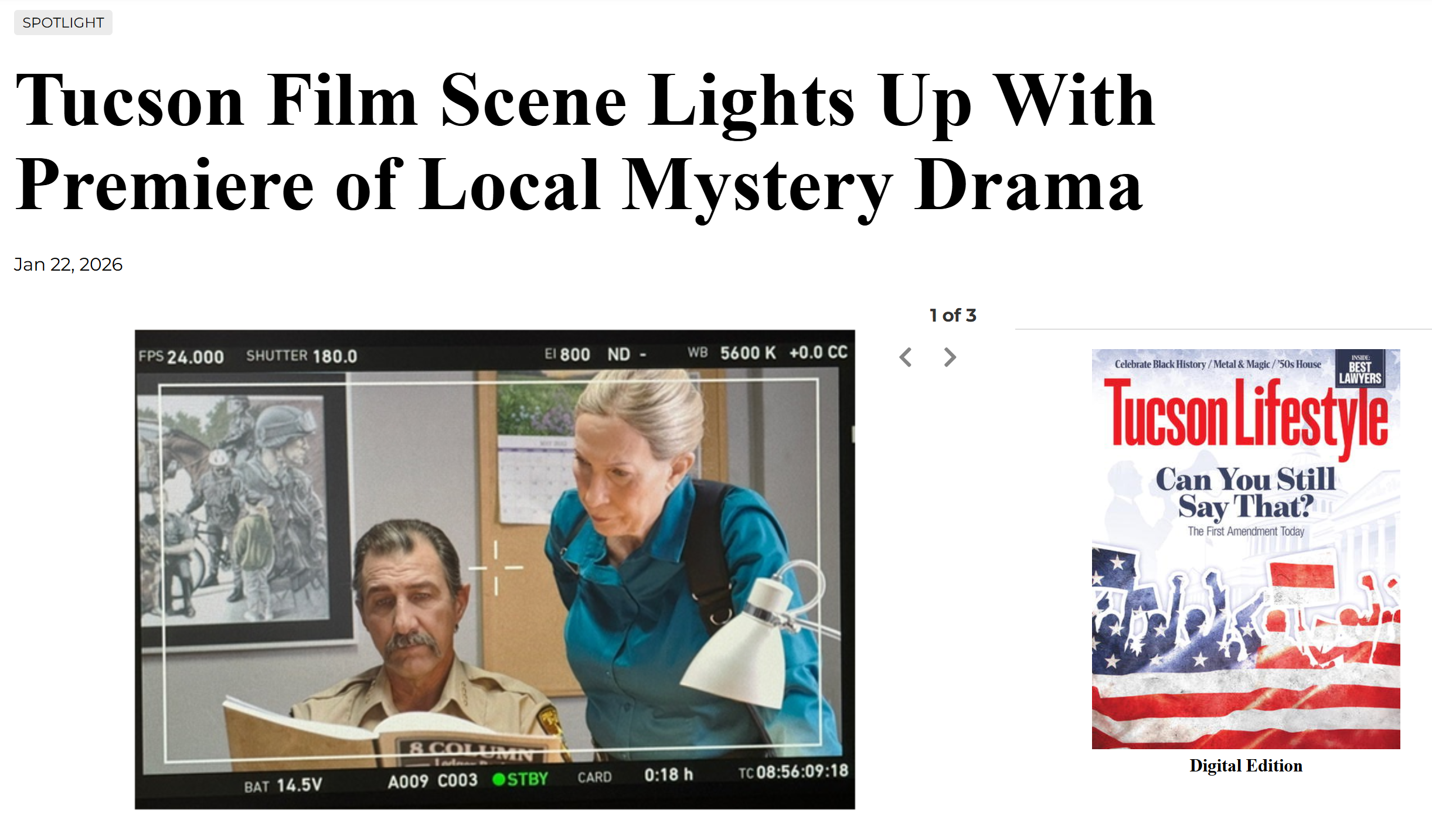 Screenshot of a newspaper article titled "Tucson Film Scene Lights Up With Premiere of Local Mystery Drama" dated January 22, 2026, showing a still from a film or TV scene with two characters, a man in a sheriff's uniform and a woman in blue, in a room with a framed picture on the wall and a bulletin board.