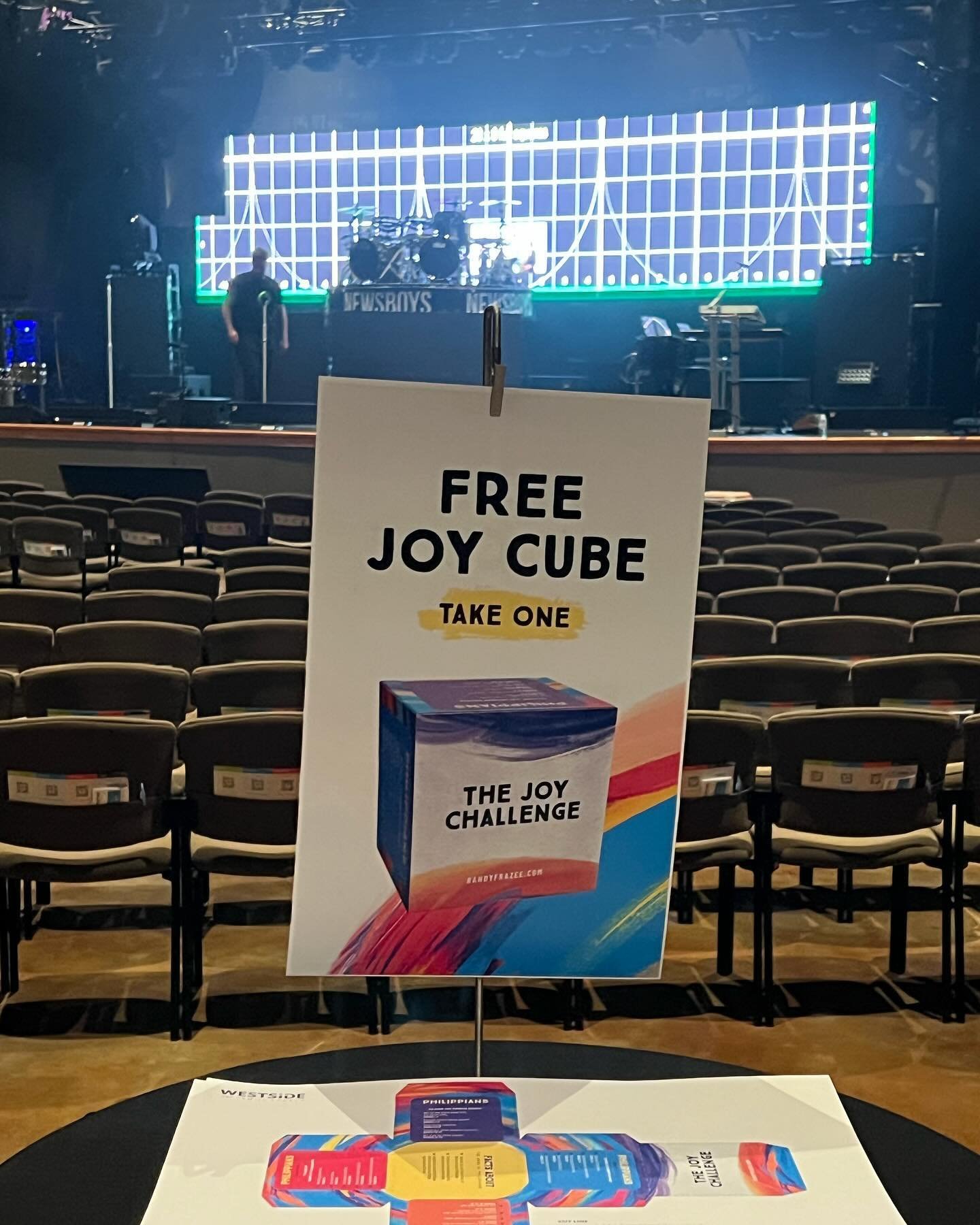 A free Joy Cube &amp; The Newsboys tomorrow &amp; a whole lot of Jesus. Setting it all up now. Can&rsquo;t wait to see everyone - 8:15, 9:30, 11:00 @ Westside Family Church. Let the JOY begin!