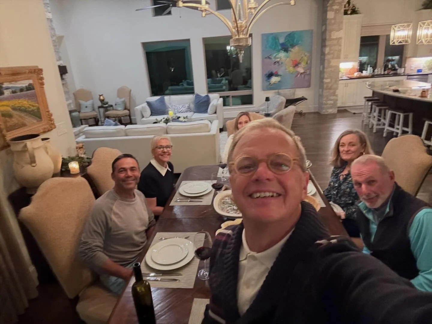 Life around the table. Convivium, the feast, is the destination of each day. Rozanne made a wonderful beef stroganoff, carrots &amp; peas, Caesar salad, sour dough rolls, and a bottle of Cabernet (a gift from a neighbor). Dessert was a flan made by m