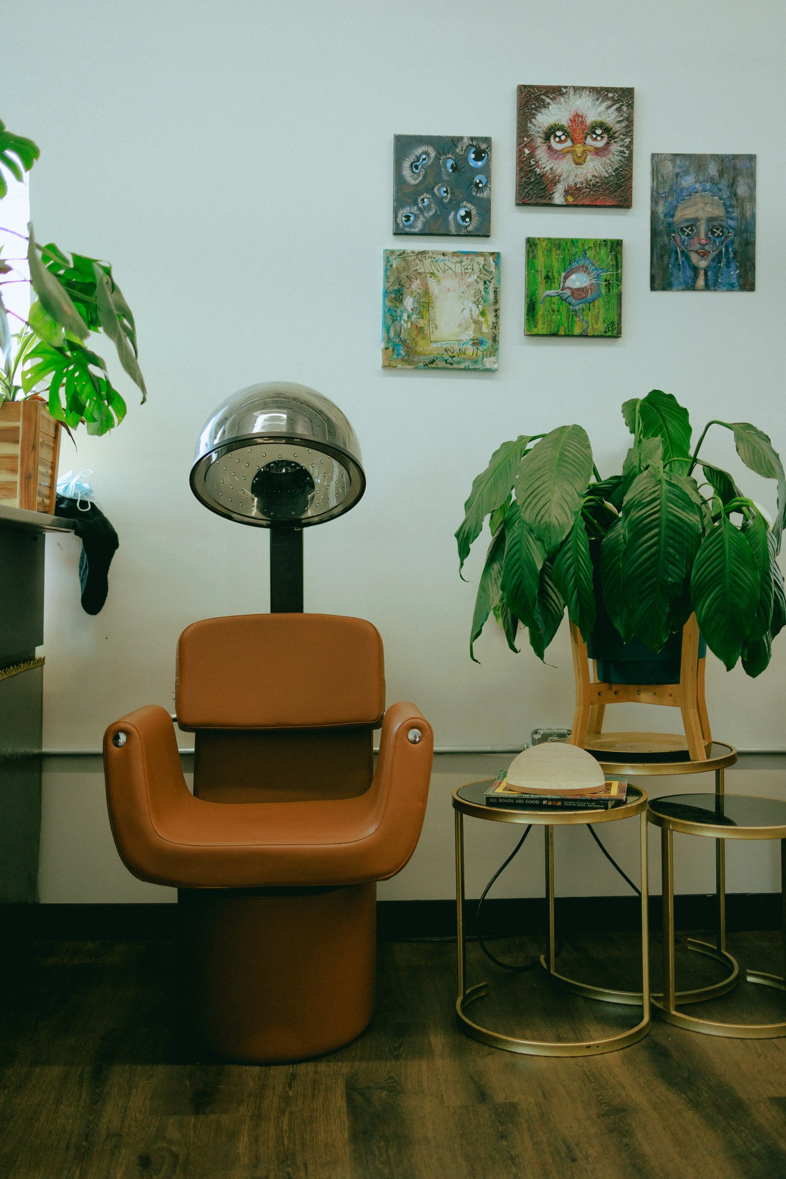 branding for hair salon blow drying chair with green plants and art hanging on wall