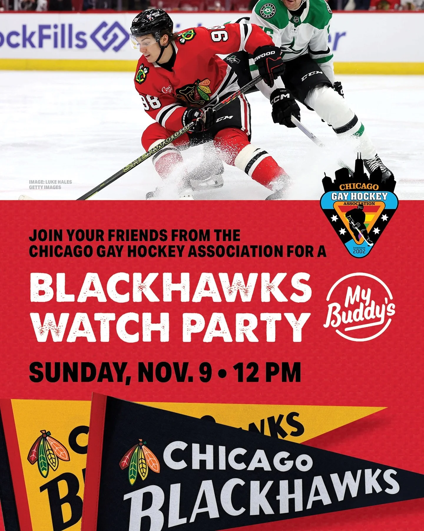 Your Sunday plans? Locked and loaded.
We&rsquo;re heading to @mybuddyschicago for a Chicago Blackhawks vs. Detroit Red Wings Watch Party!

Your $10 donation to CGHA gets you your first drink (draft, well cocktail, margarita, or mojito) on us.
Come ha