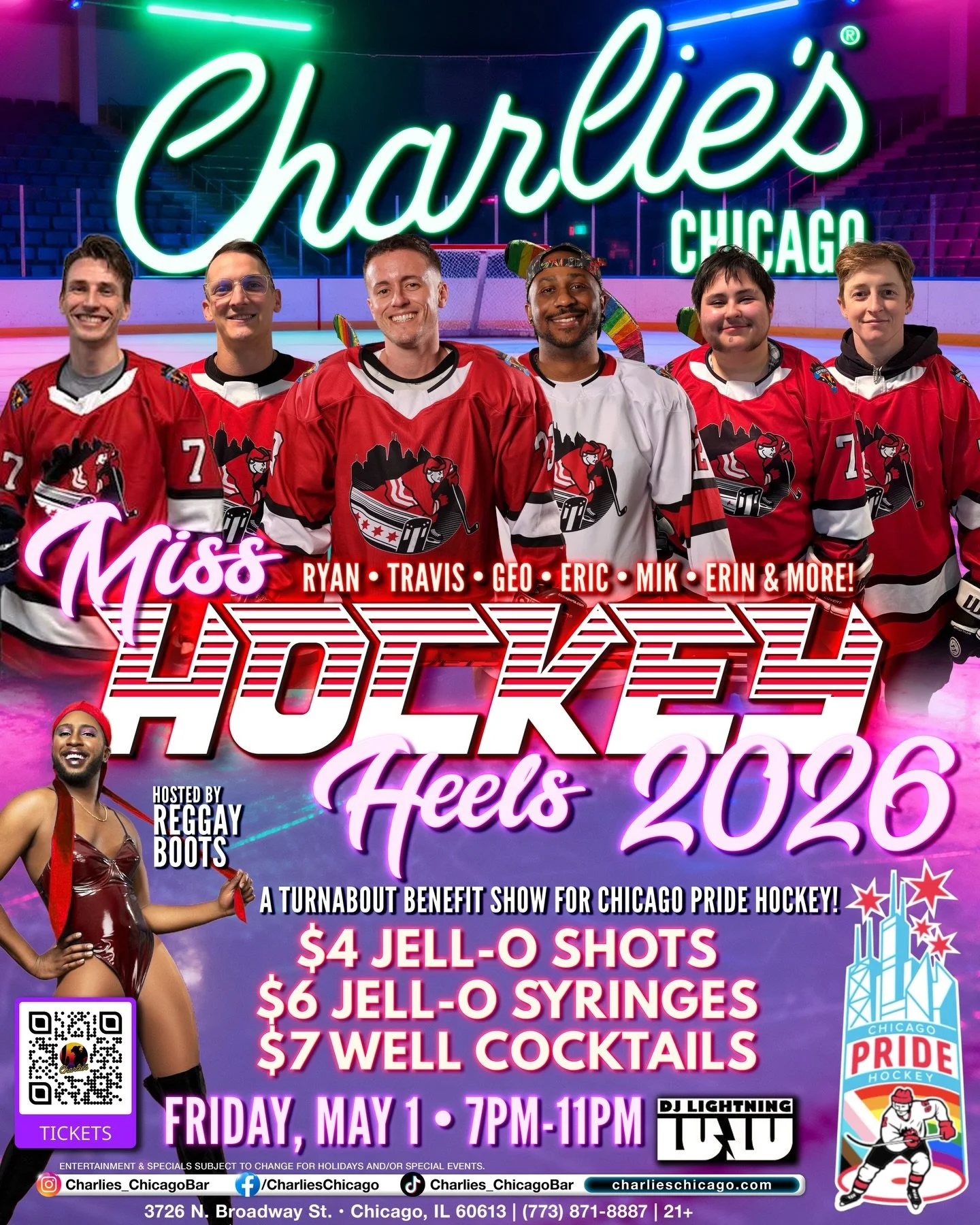 Join us for a benefit turnabout show to support the Chicago Pride Hockey organization! Who wins Miss Hockey Heels 2026? You decide!

Trading skates for heels your favorite players are mentored by some of Chicago&rsquo;s fiercest queens to battle it o