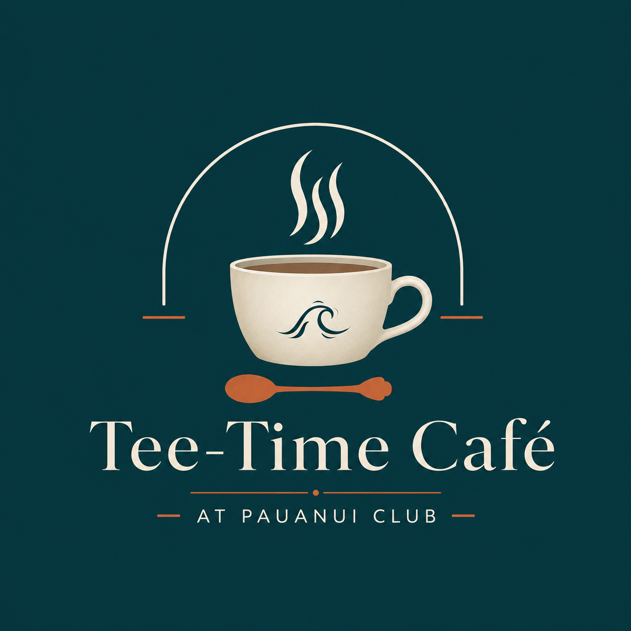 A digital graphic design for Tee-Time Café at Pauanui Club featuring a coffee cup with steaming coffee, a small spoon, and stylized waves and steam as logo elements on a dark teal background, with the café name and location written below.