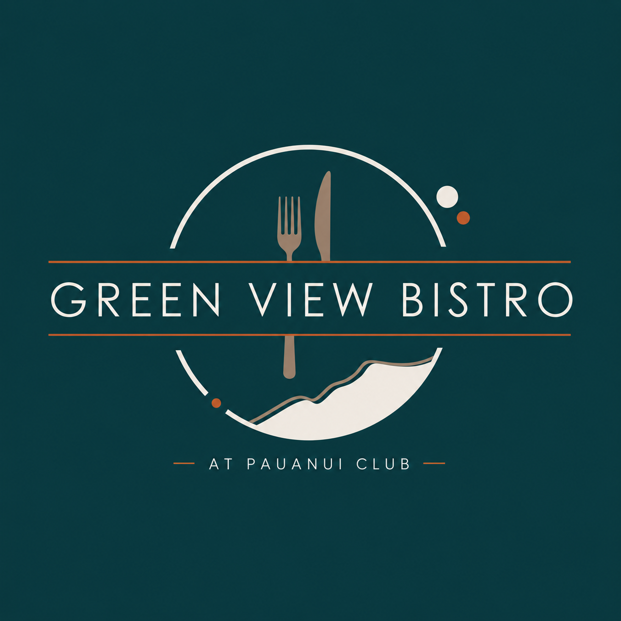Logo for Green View Bistro featuring a fork and knife, a circular design with a mountain silhouette, and text indicating the restaurant's location at Pauanui Club.