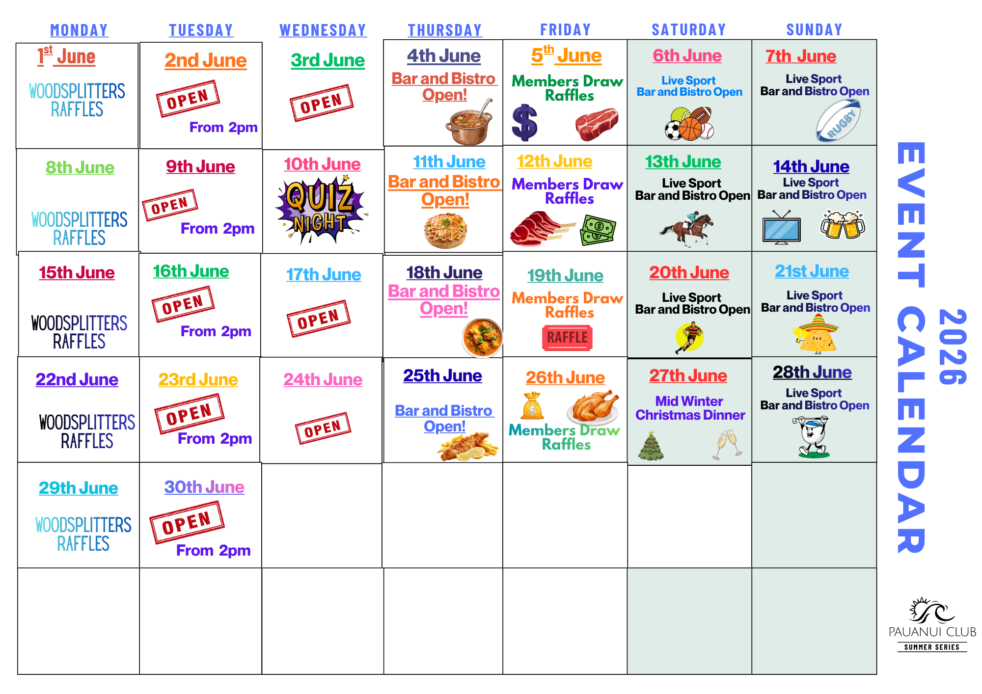 Weekly event calendar for June and July 2023 at Pauanui Club, listing activities like raffles, bar and bistro openings, quiz nights, and special events with colorful text and icons representing sports, food, and drawings.