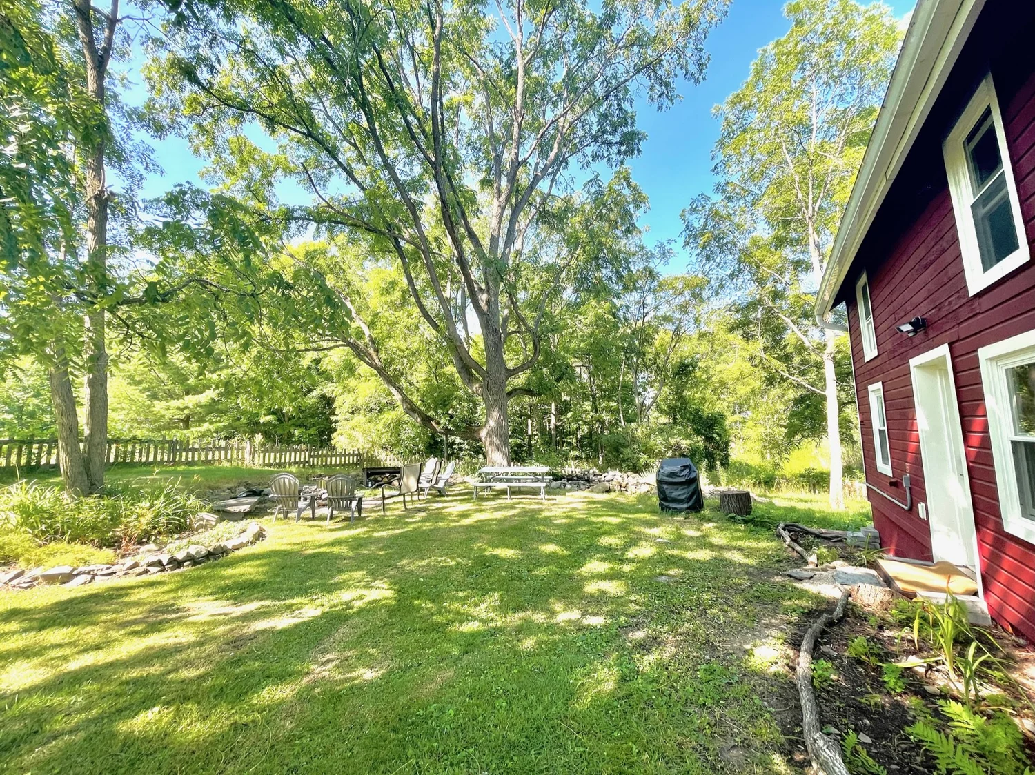 The backyard at Barn Manor, lawn and trees with the barn on the right