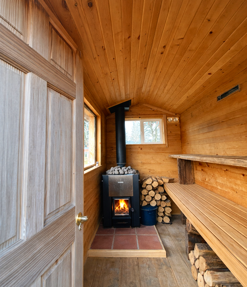 Inside the wood-fired sauna at Baldwin Manor