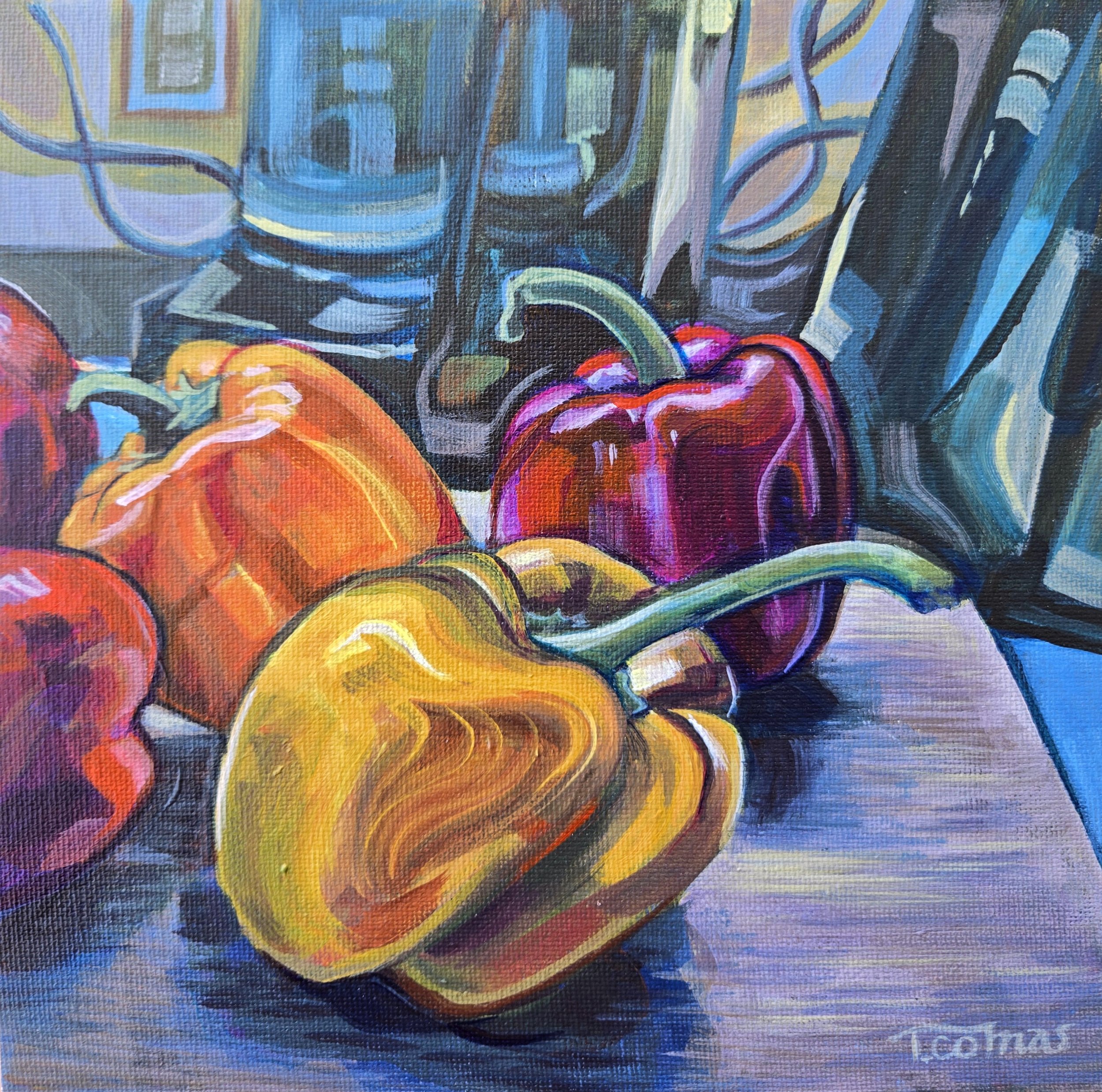Peppers, 8"x8", Acrylic on Canvas Board