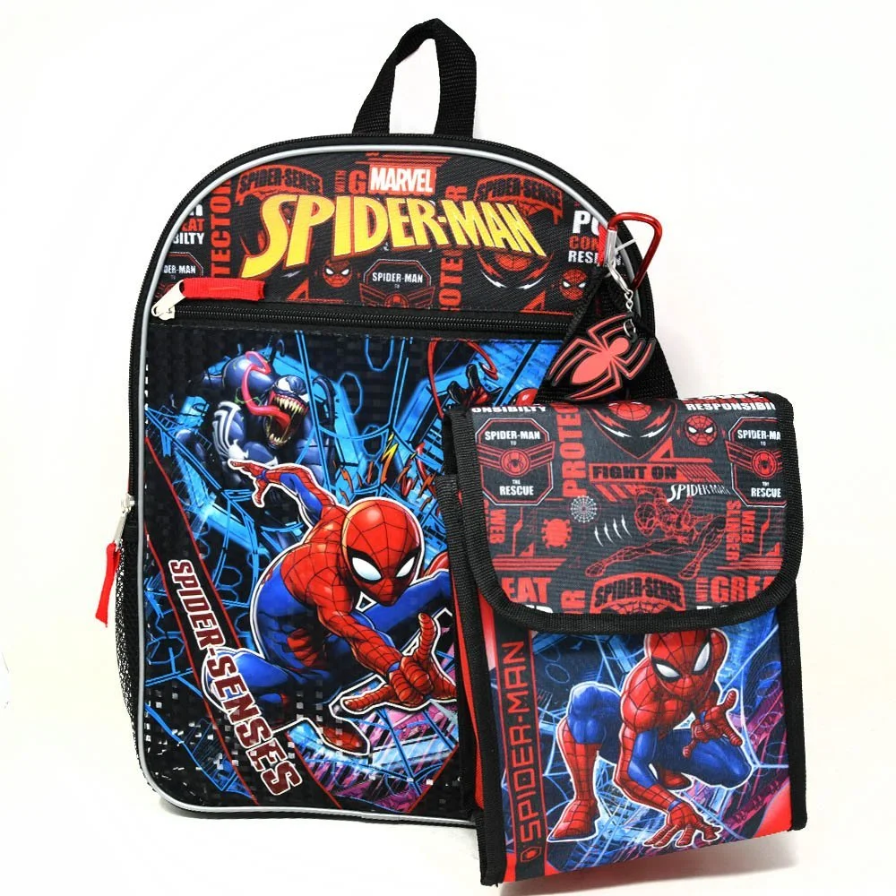 Spiderman 16" Backpack 4pc Set with Lunch Kit, Key Chain & Carabiner