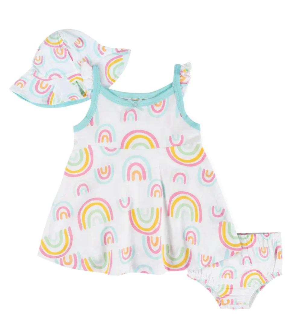 2 3-Piece Baby Girls Dots of Rainbows Dress, Diaper Cover & Sun Hat Set