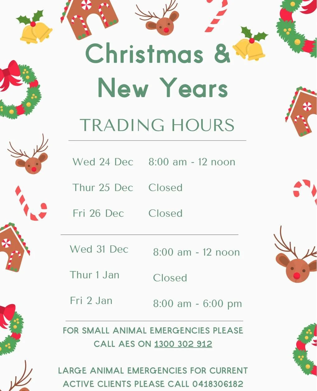 🔔CHRISTMAS TRADING HOUR ANNOUNCEMENT 📣 🔔

We will be closing early on Friday 19th at 12 noon to allow us to celebrate our achievements this year 🎅🎅

🔔 Medication pick ups/orders - we encourage you to please have let us know if your pet requires
