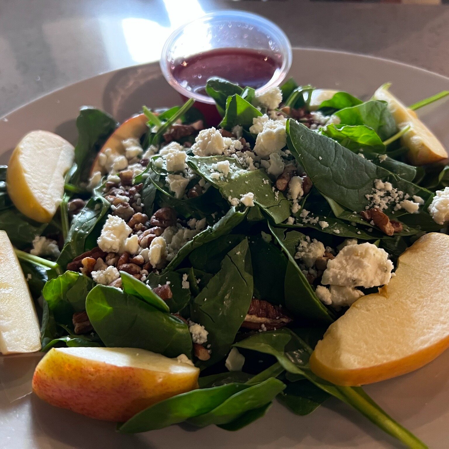 🥗 Refresh your day with our Spinach Apple Salad! 
Crisp spinach leaves, apple slices, pecans, and feta cheese, all brought together with a tangy raspberry vinaigrette on the side. 

📌 405 Silver St, Elko
📞 (775) 777-7931

#FreshSaladDays #SpinachA