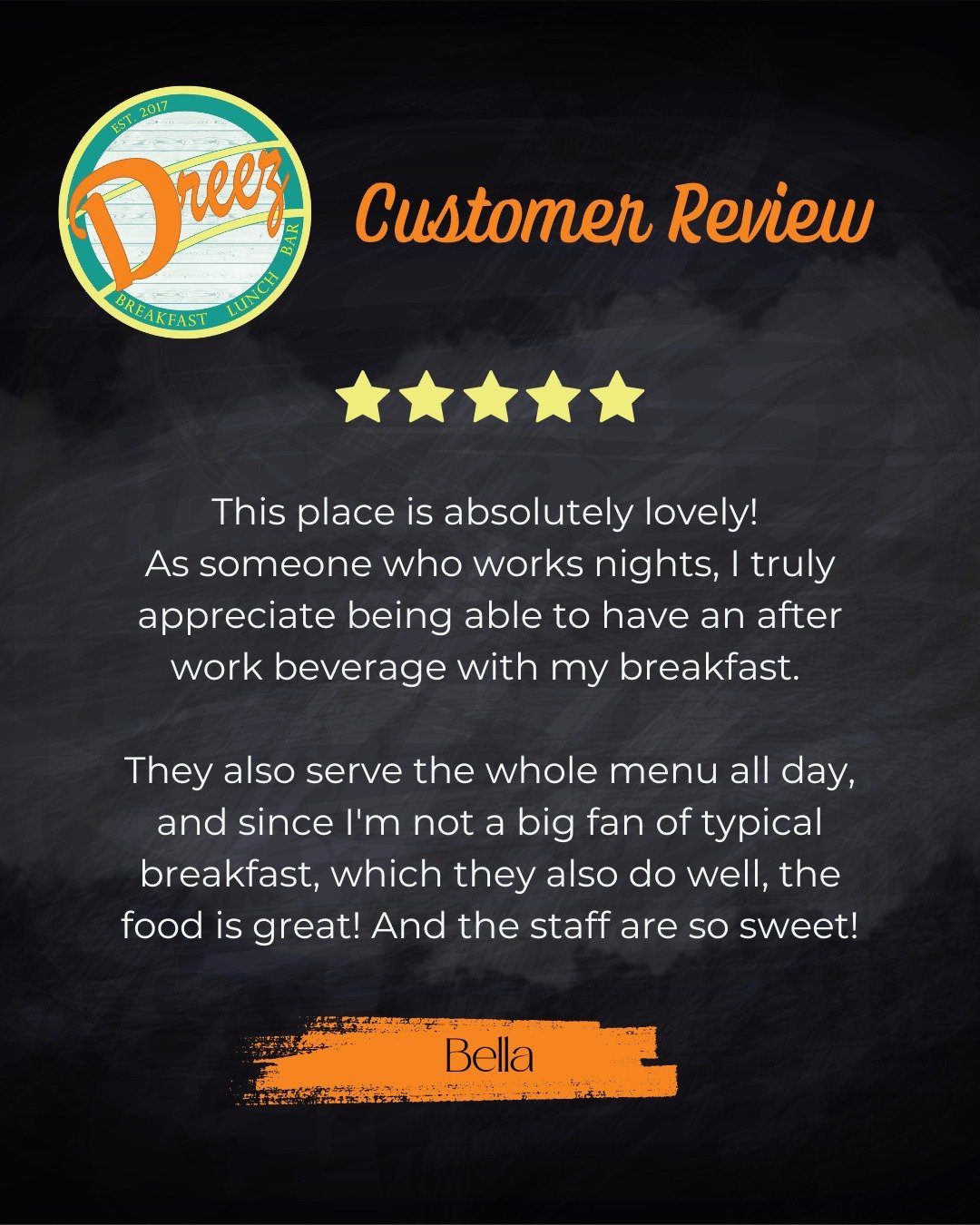 We appreciate every kind word from our amazing customers—like Bella! βοΈ
Stop by Dreez for great service, tasty food, and delicious drinks!
Leave us a review on Google!
#DreezDelivers #CustomerFavorites