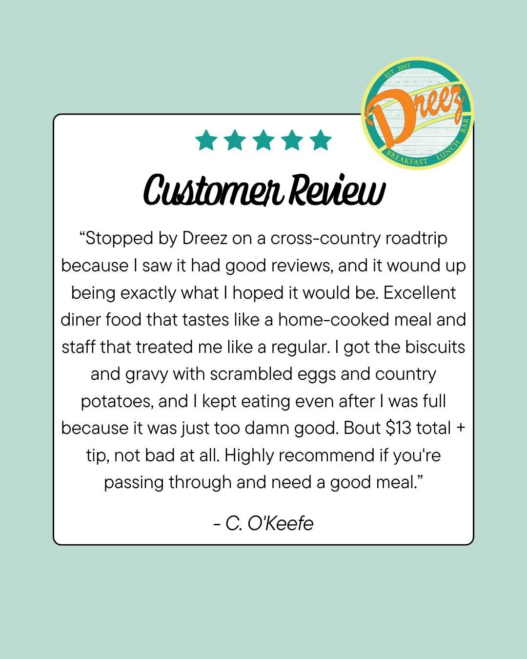 🌟 We love hearing from happy customers like this! 🌟
C. O’Keefe stopped by Dreez during a cross-country road trip after spotting our good reviews online, and we’re so glad they did! They described their experience as exactly what they