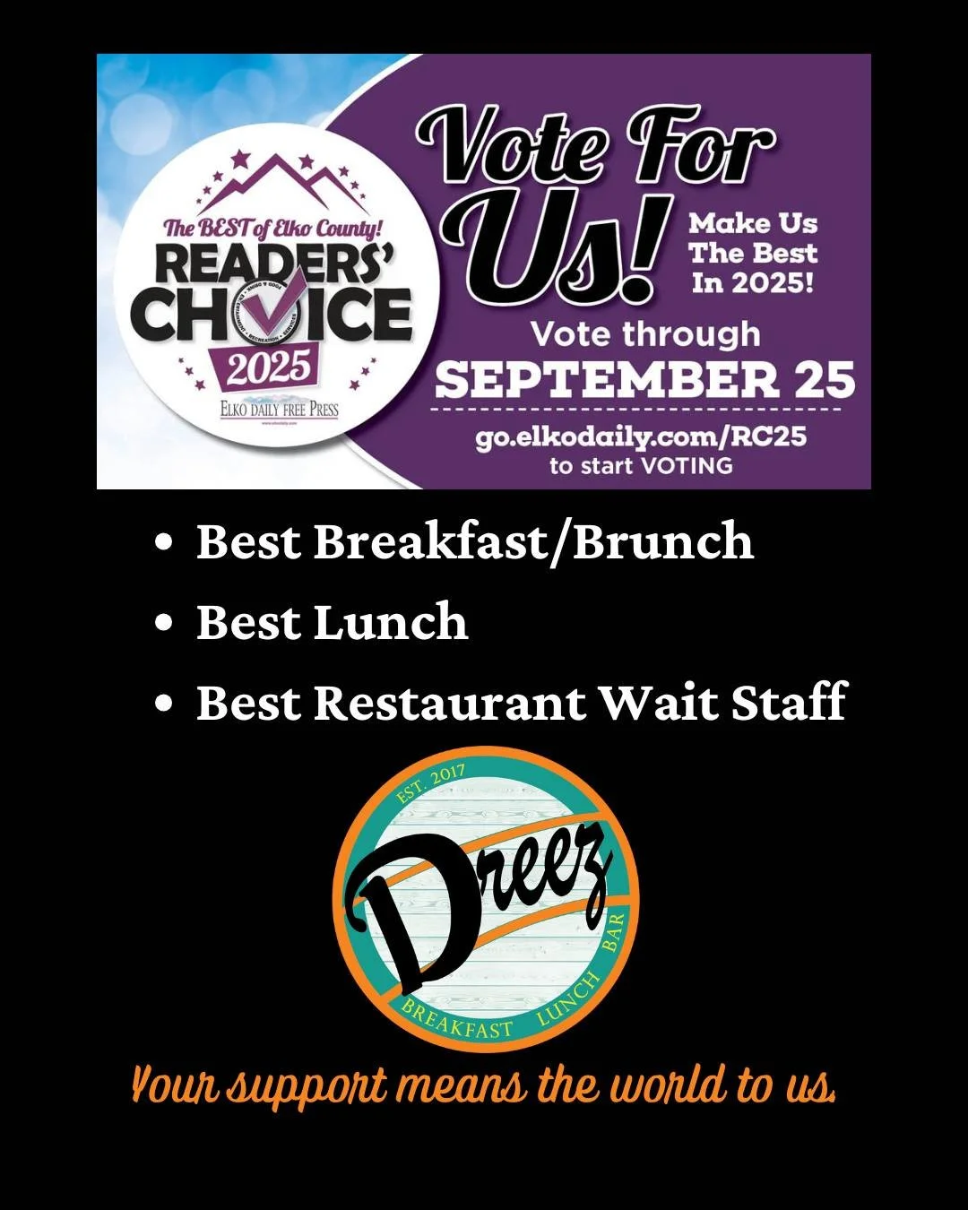 🌟 We’re honored to be nominated in the Best of Elko County 2025 for Best Breakfast/Brunch, Best Lunch, and Best Restaurant Wait Staff! 💜
You can vote once per day, per category through Sept. 25. Every vote makes a difference, and your suppo