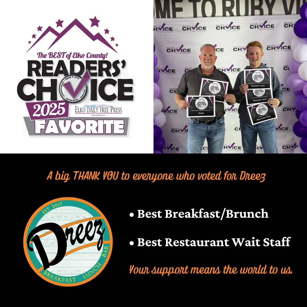 We’re so grateful for this community! 💜 Thanks to all of you, Dreez was voted a 2025 Reader’s Choice Favorite for Best Breakfast/Brunch and Best Restaurant Wait Staff. Every smile, every visit, and every kind word keeps us going. From ou