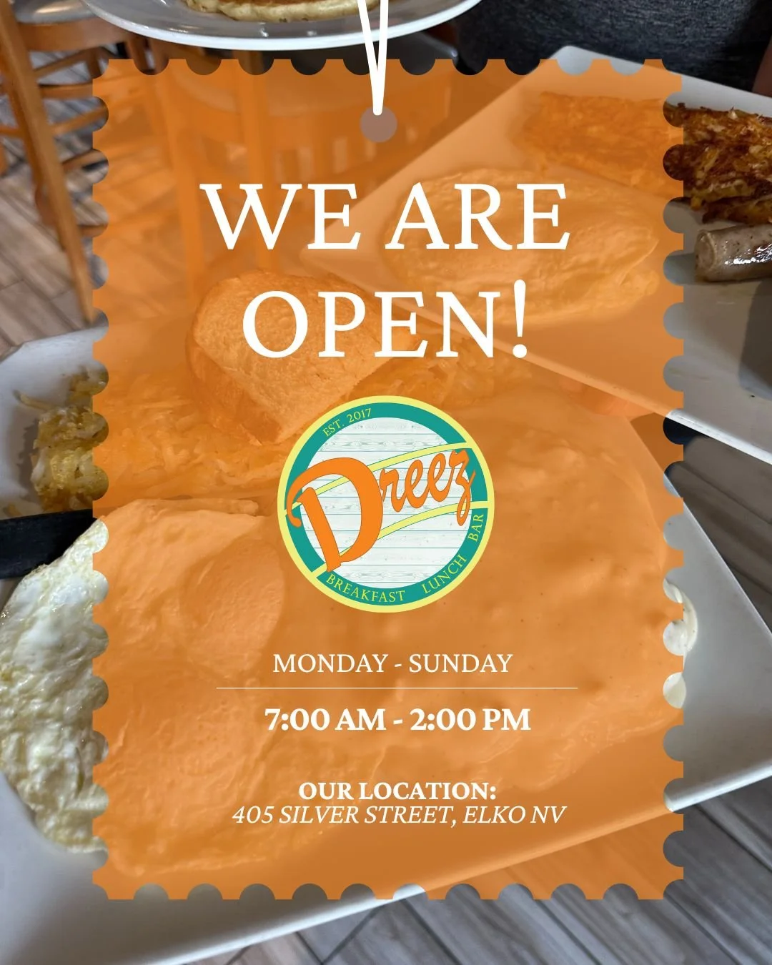 Start your day at Dreez! We&rsquo;re open seven days a week from 7 AM to 2 PM with all your breakfast and lunch favorites. 

📍405 Silver Street, Elko NV

📞 (775) 777-7931
 #Elkodreez #explorenevada #familyrunbusiness #foodie #dreezbreakfast #brunch