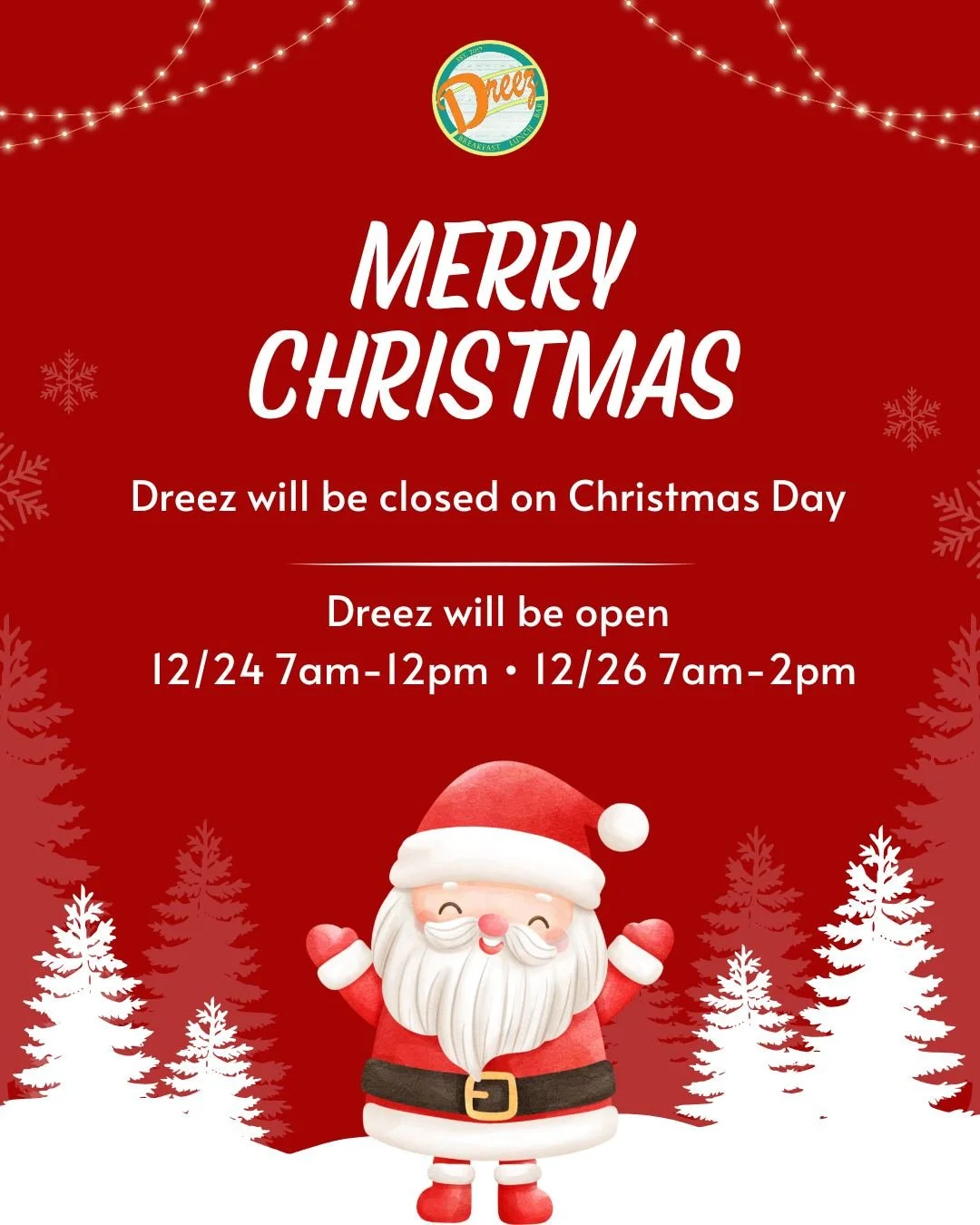 🎄 Merry Christmas from all of us at Dreez! 
We&rsquo;ll be closed on Christmas Day to spend time with our families, but we&rsquo;ll be open on Christmas Eve from 7am to 12pm and back on the 26th from 7am to 2pm. Wishing you a warm and joyful holiday