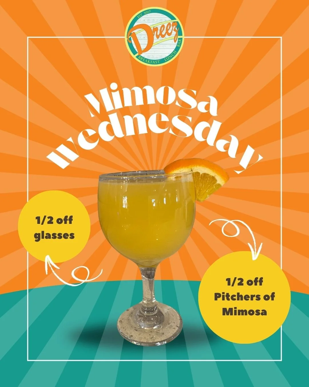 Did someone say 1/2 off mimosas? Every Wednesday at Dreez, we&rsquo;re serving up half-priced glasses and pitchers to keep the good vibes flowing. 
Stop by 405 Silver Street and brighten up your Wednesday! 

🥂🍊#Elkodreez #explorenevada #familyrunbu