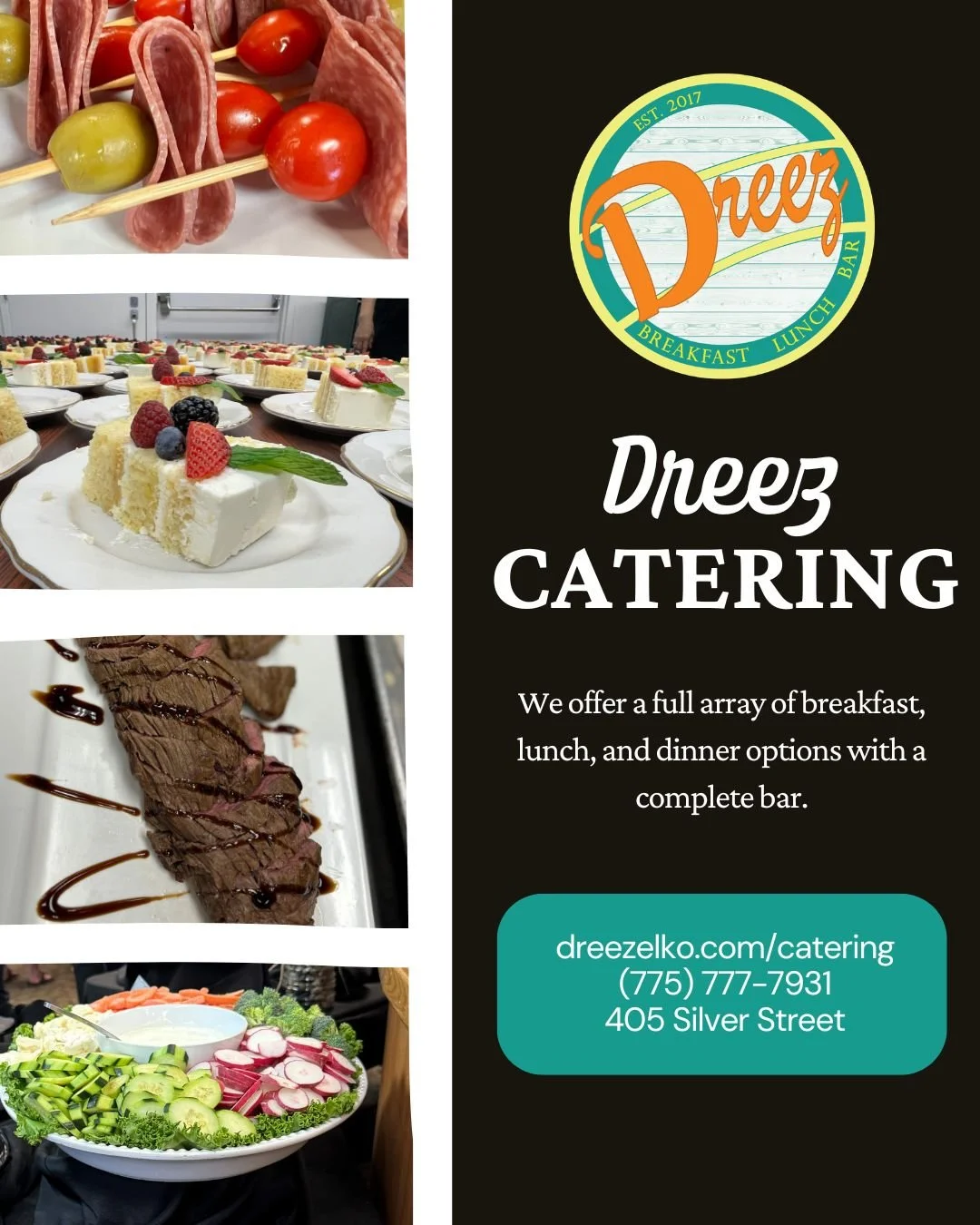 ✨Your next event deserves the Dreez touch. We provide full-service catering for any occasion, featuring everything from savory appetizers to signature entrees and a complete bar service. 

call (775) 777-7931 to start planning your custom menu today!