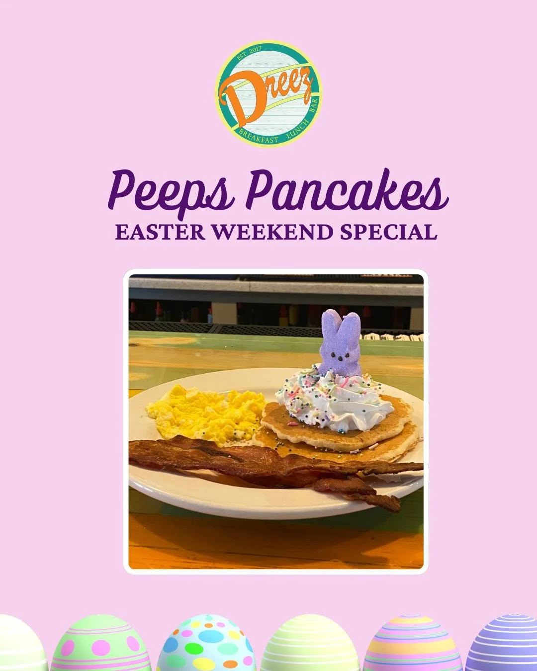 They're only here for the weekend! 🐥 Our Easter Weekend Special &mdash; Peeps Pancakes &mdash; is available Friday through Sunday. 

Fluffy pancakes, crispy bacon, eggs, and the cutest little Peep on top. Come get yours before they're gone! 🥚✨ 

#P
