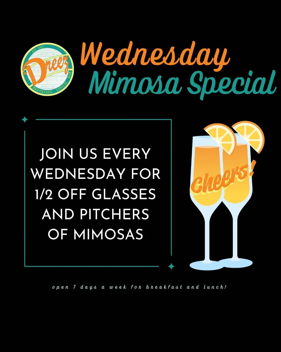 Half the price, double the fun. 🥂 It&rsquo;s Mimosa Wednesday at Dreez! 1/2 off glasses &amp; pitchers all day.

We're open till 2pm.

Stop by 405 Silver Street and brighten up your Wednesday! 

🥂🍊#Elkodreez #explorenevada #familyrunbusiness #food