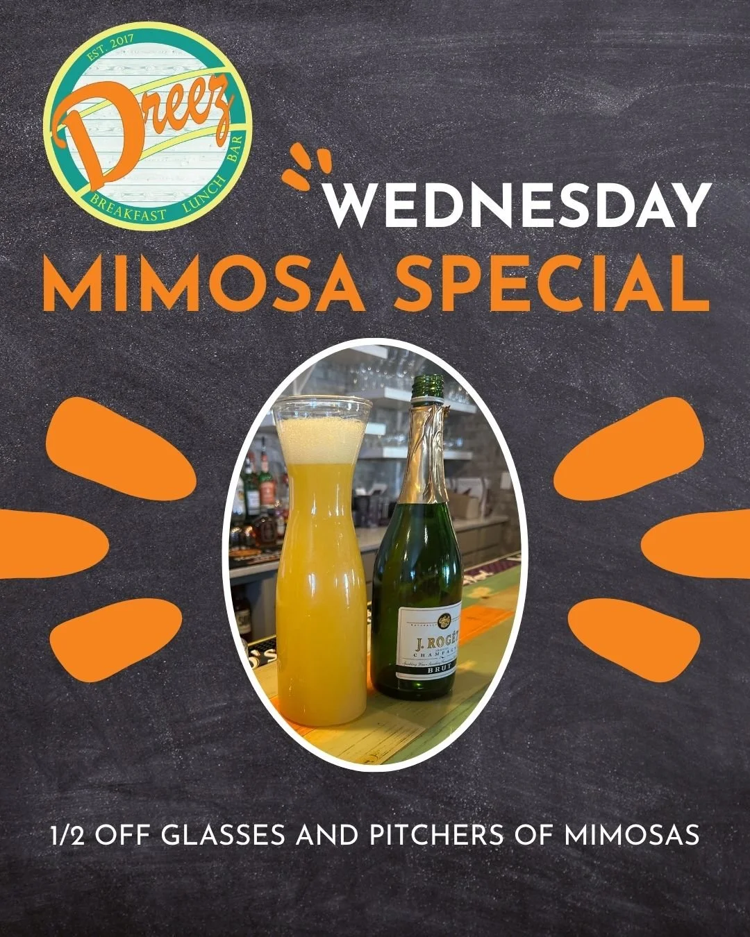 Join us every Wednesday for 1/2 off mimosas, whether you're grabbing a glass or sharing a pitcher with friends. A little bubbly makes the week better. 🥂🍊
We're open til 2pm.

Stop by 405 Silver Street and brighten up your Wednesday! 
#Elkodreez #ex