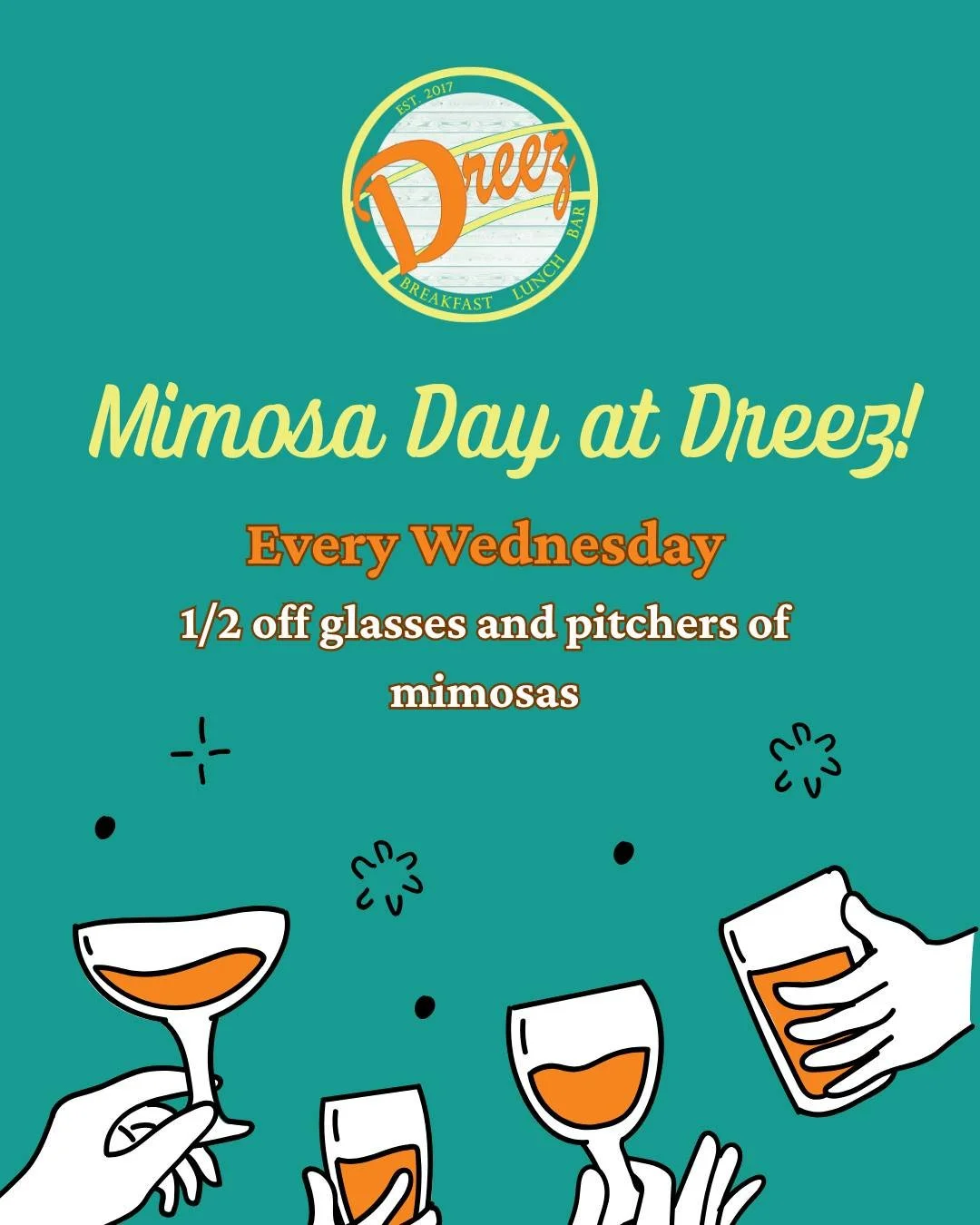 Looking for a reason to break up the week? Mimosa Day at Dreez is the perfect excuse. Every Wednesday, enjoy 1/2 off mimosas by the glass or pitcher. 
We're open till 2pm.

Stop by 405 Silver Street and brighten up your Wednesday! 

🥂🍊#Elkodreez #e