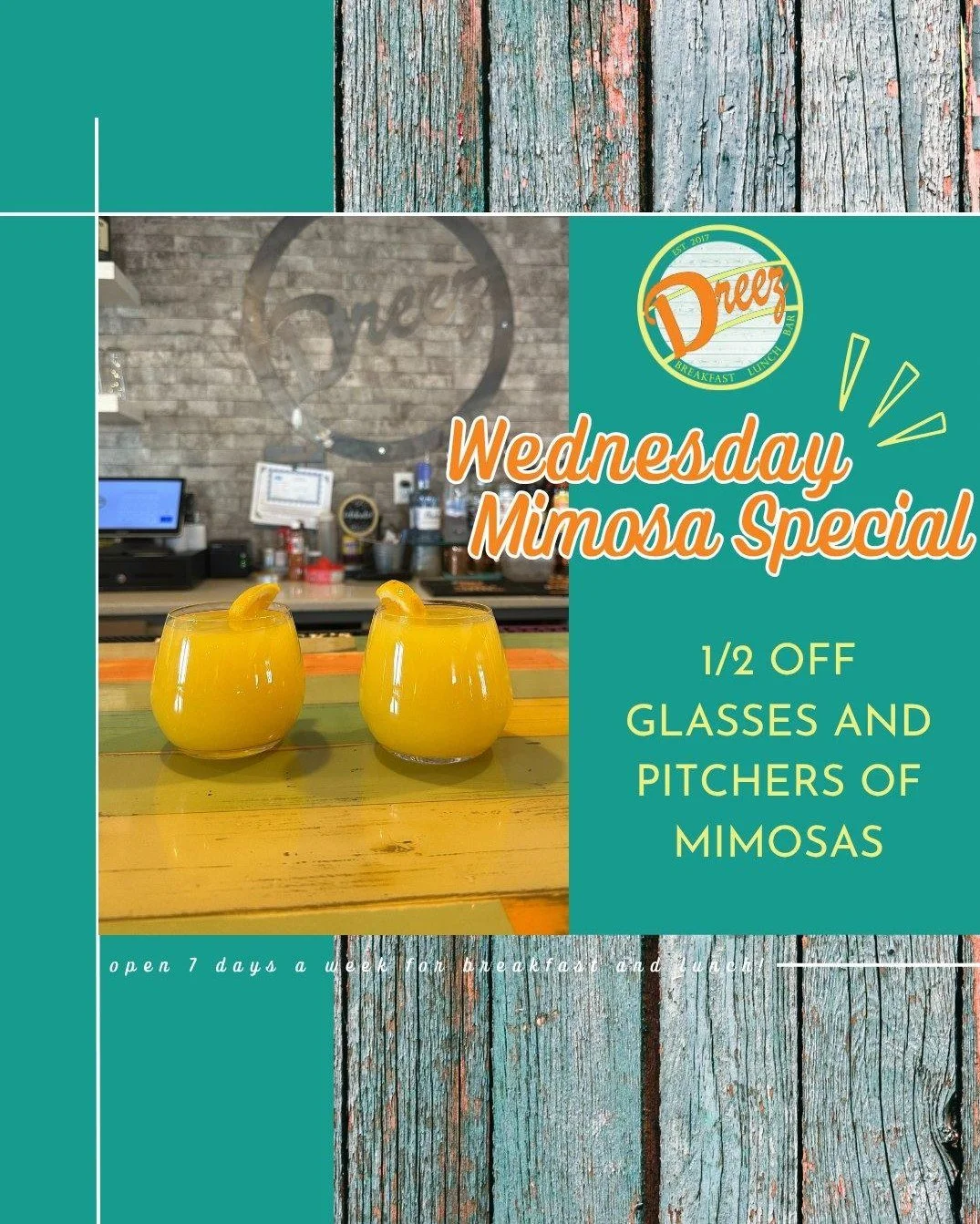 Two mimosas on the bar means it&rsquo;s officially Wednesday at Dreez. 🍊 Stop in today for half-off glasses and pitchers and turn your brunch into a celebration.
We're open from 7am&ndash;2pm at 405 Silver St in Elko.
#Elkodreez #familyrunbusiness #