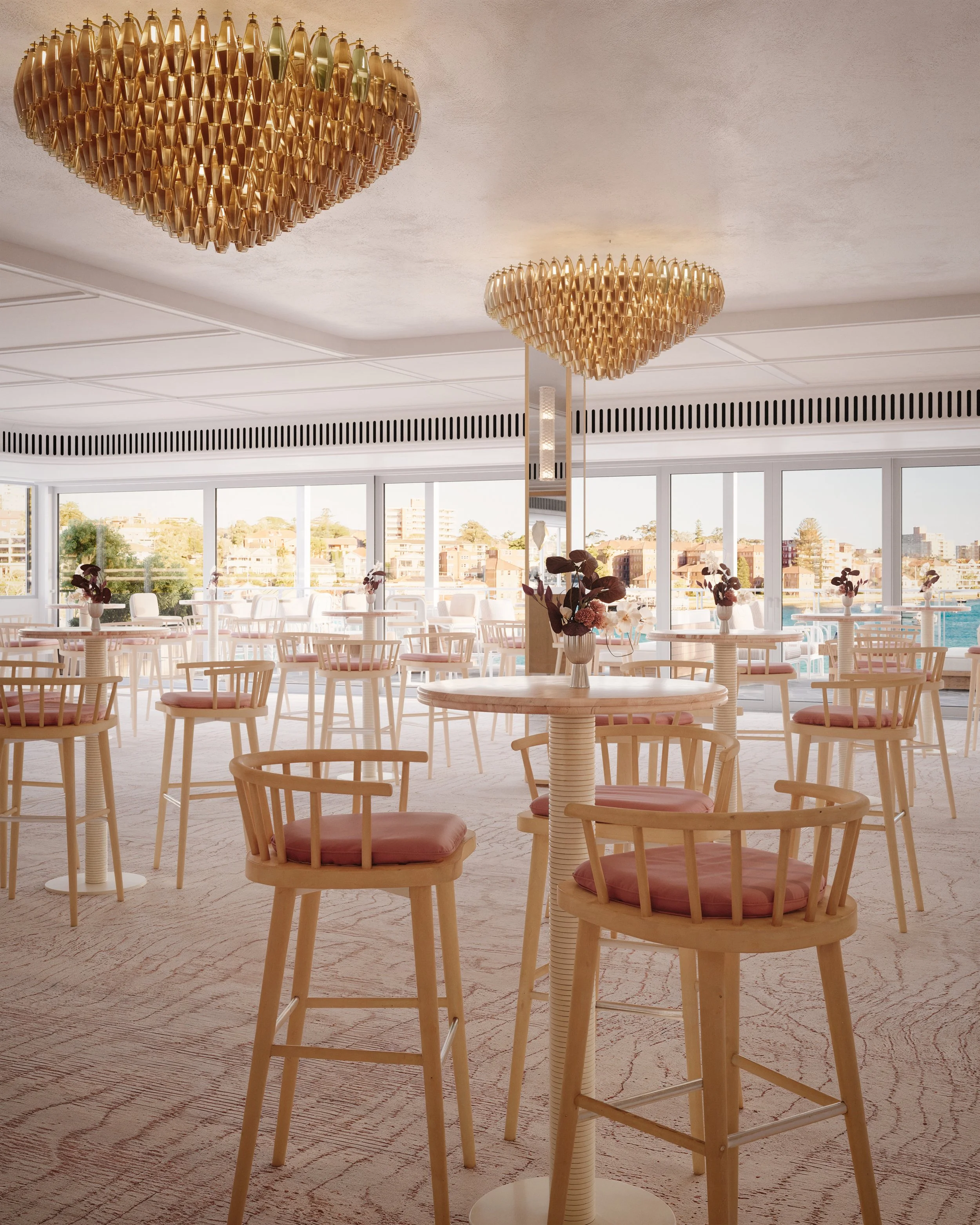 The Shelly Room set for a cocktail event over Manly Cove