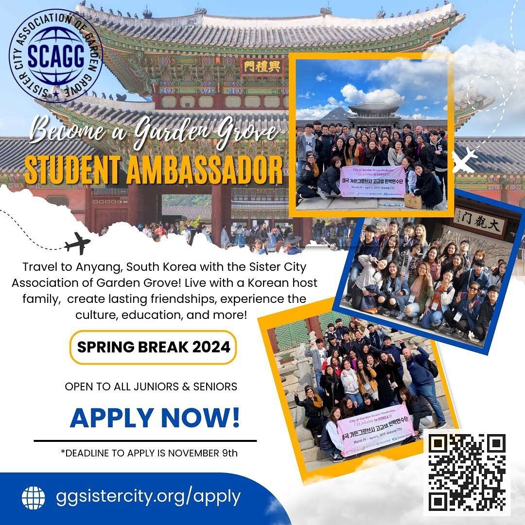 ‼️📣ANNOUNCEMENT‼️Welcome back to school 📚✏️to all of our GGUSD students!🍂Our application for the 2024 Spring Student Exchange Program to Anyang, South Korea🇰🇷 is now live on our website!  All junior and senior students are encouraged to apply fo