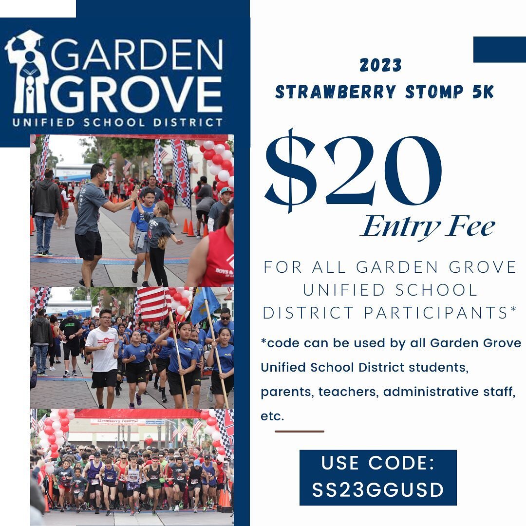 ‼️Attention‼️Garden Grove Unified School District  participants of the Strawberry 🍓Stomp 5K!! Use this discount code to receive a $20 entry fee! Sign up now and support our student exchange program✈️! Use code: SS23GUSD

➡️ Registration link in bio.