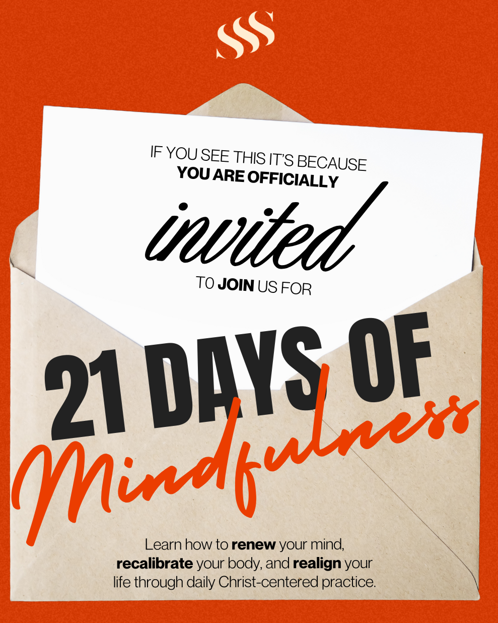 Invitation to a 21 days of mindfulness program, with an envelope on a reddish-orange background, a piece of paper inside the envelope, and steam rising from the top.