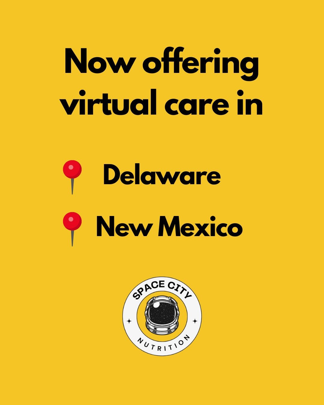 Big news from Space City Nutrition 🎉

We&rsquo;re now offering virtual nutrition care in Delaware and New Mexico!

Clients in Delaware can work with Holly, and clients in New Mexico can work with Angela.

Swipe to see the full list of states where o
