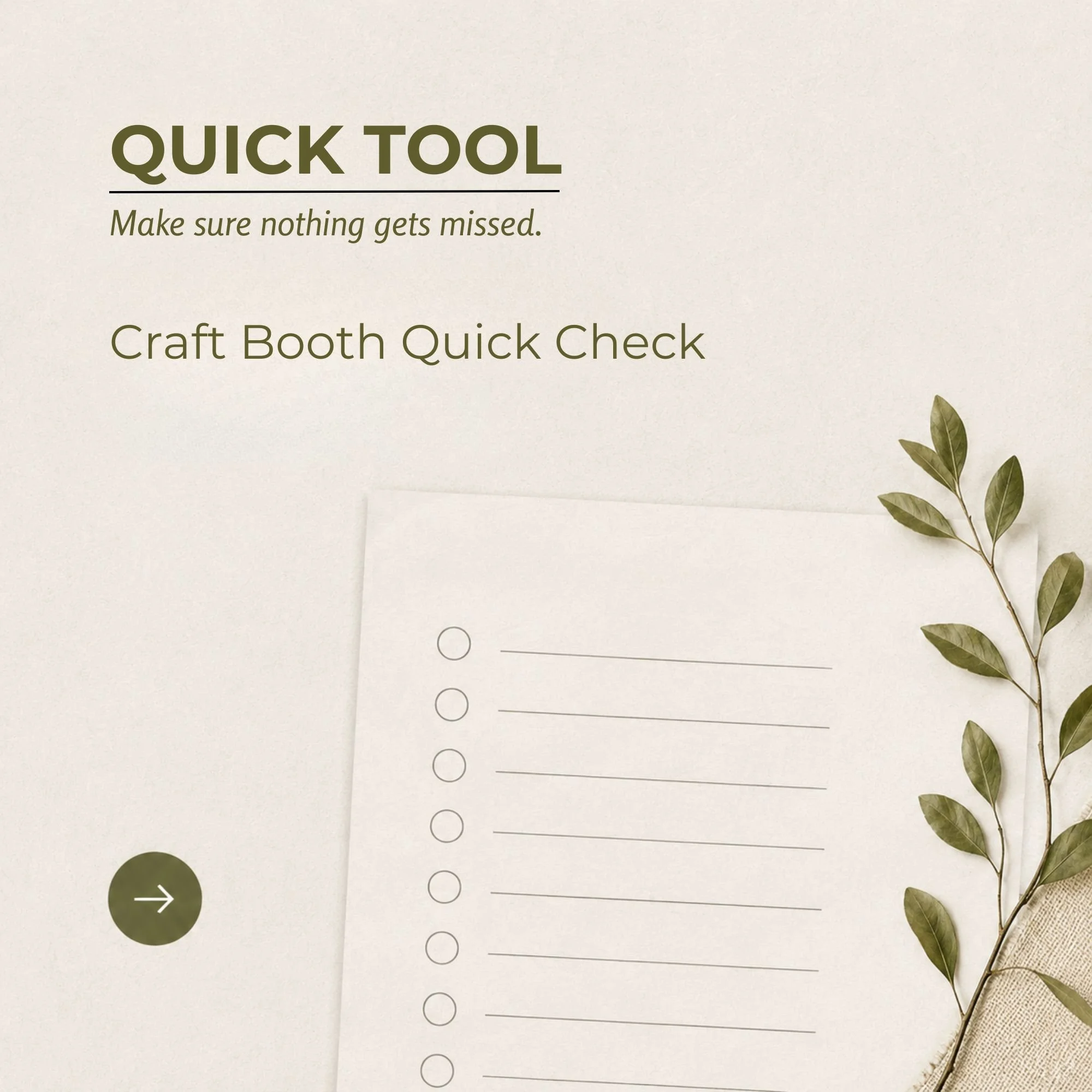 Craft Booth Quick Check free assessment tool helping craft show vendors identify booth display problems, evaluate shopper experience, uncover missed opportunities, and prioritize improvements for better craft fair results.