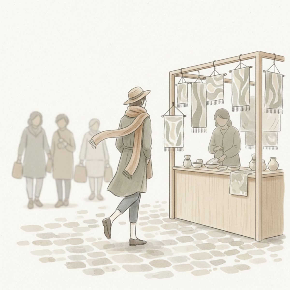 Shopper approaching a craft booth display while other shoppers walk past without stopping or engaging