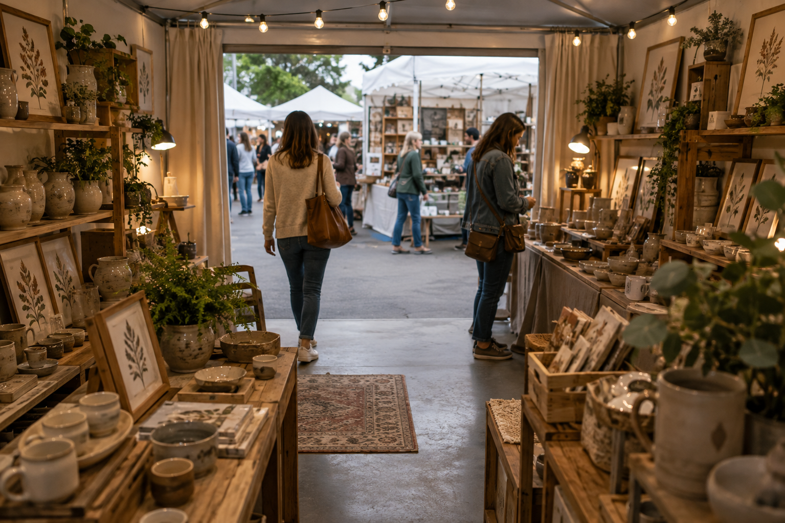 People shopping at an outdoor craft fair in a booth filled with pottery and framed botanical artwork.