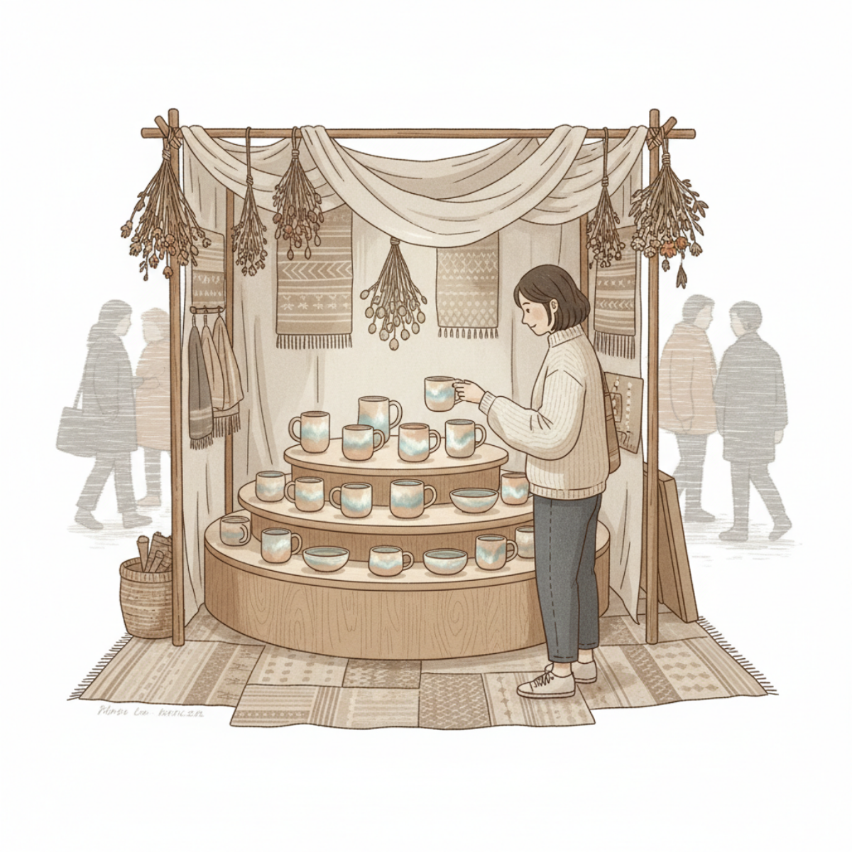 Shopper stopping to examine and engage with products at a craft booth display