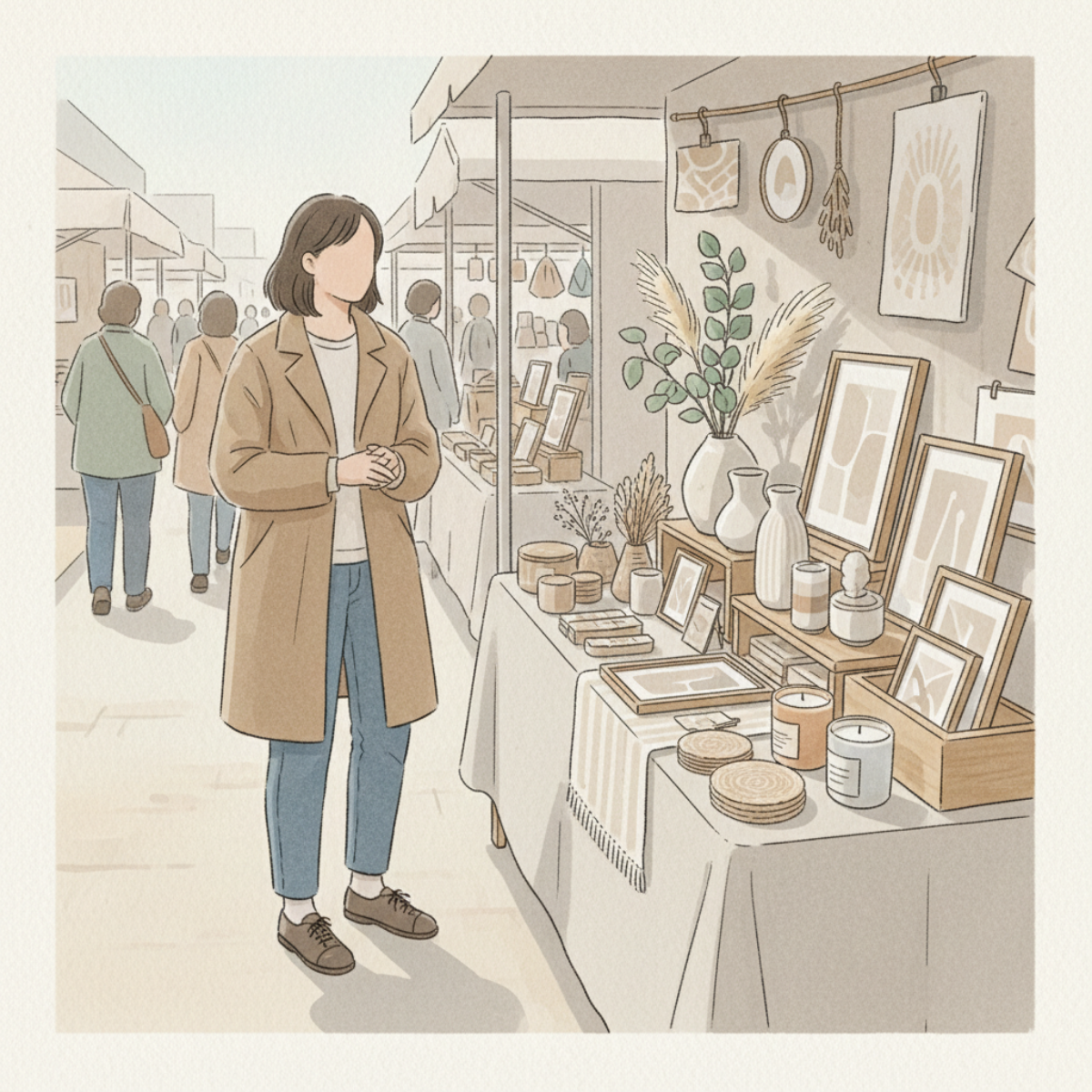 Illustrated shopper standing in the aisle and glancing across a styled handmade craft booth display filled with neutral decor, framed art, candles, and pottery without stepping into the booth.