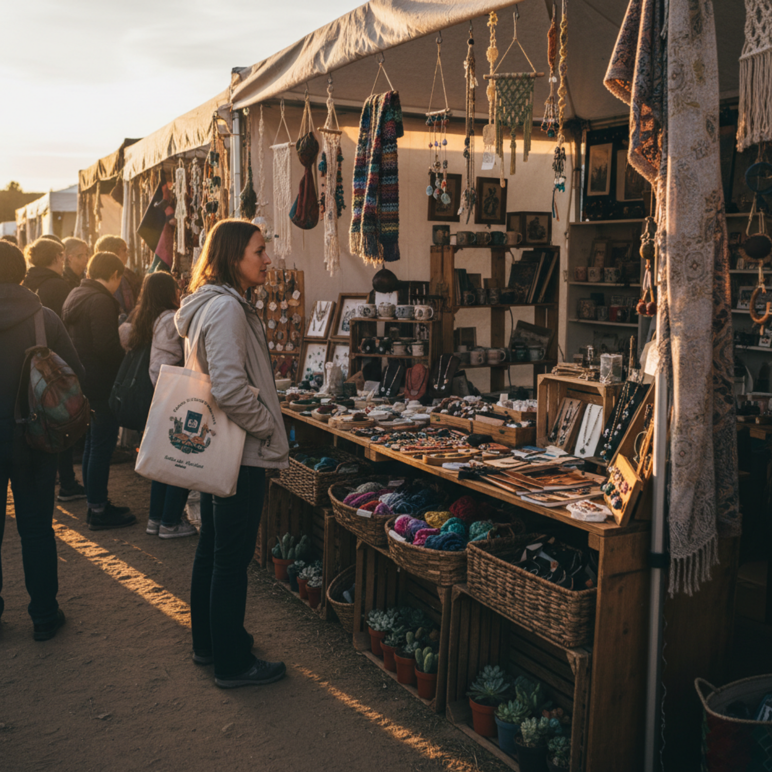 Shopper browsing a handmade craft booth at an outdoor market with wooden displays, hanging textiles, jewelry, and artisan goods during golden hour.