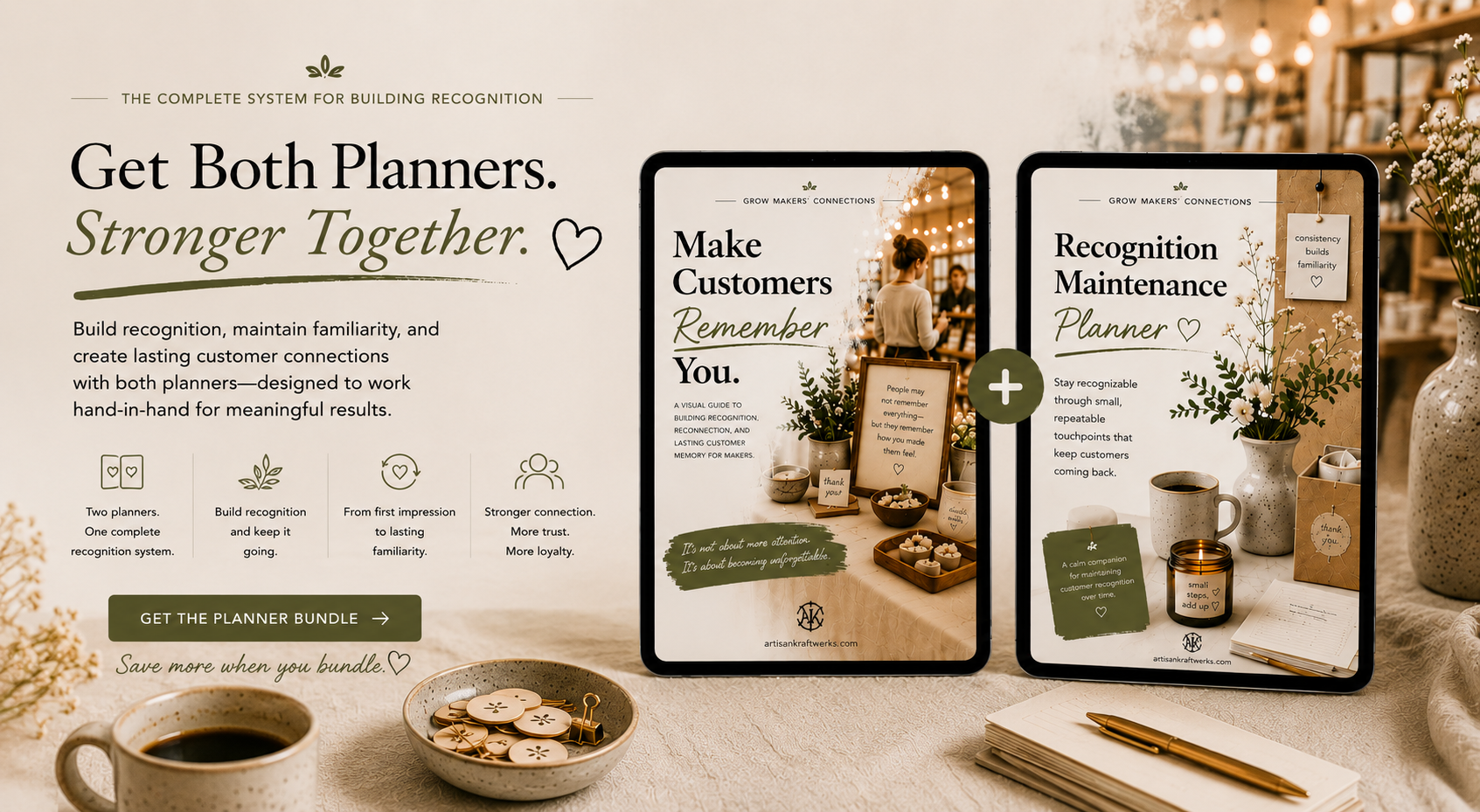 Bundle banner showing two digital recognition planners on tablets with warm neutral decor.