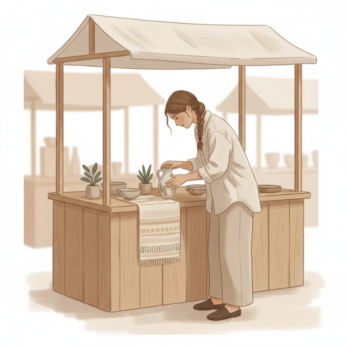 Well-organized craft booth display with vendor arranging products but no customers engaging