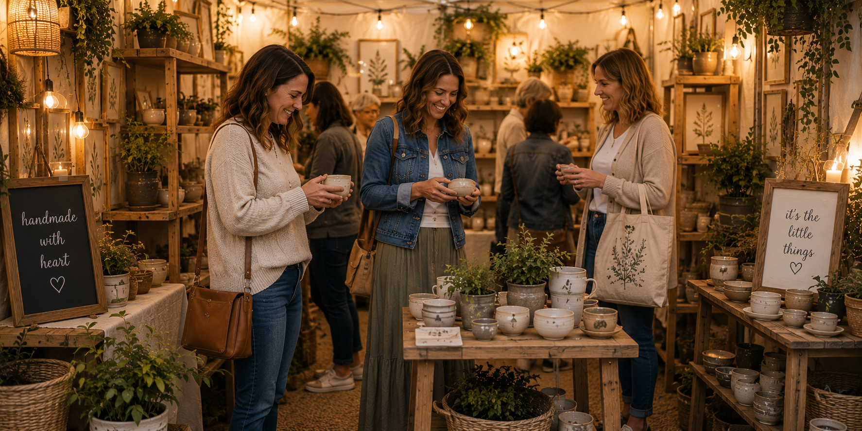 Happy shoppers lingering inside a cozy craft booth, illustrating how people remember how a booth made them feel.