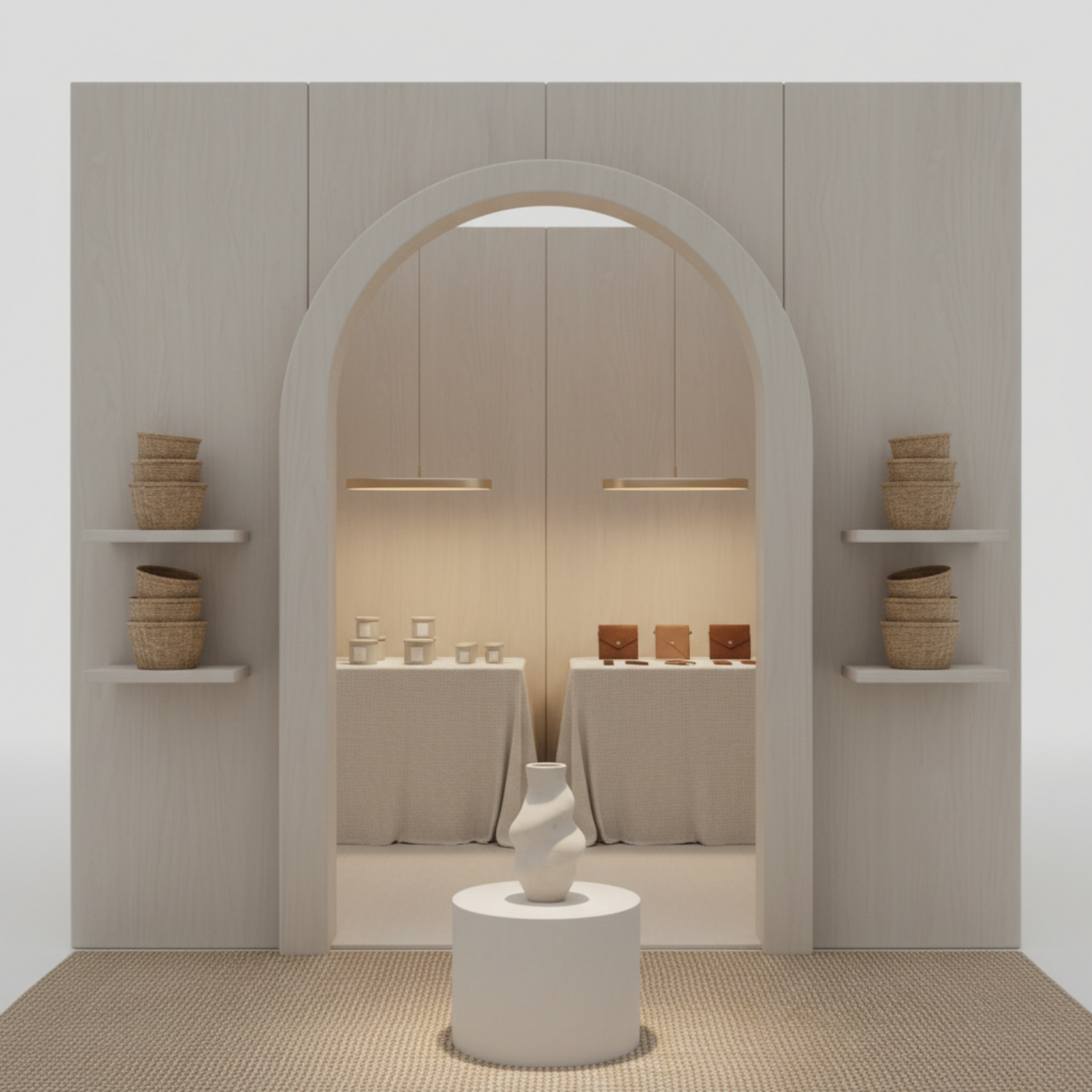 Minimal craft booth setup with a clear entry archway, centered focal point display, and organized product layout guiding movement inward