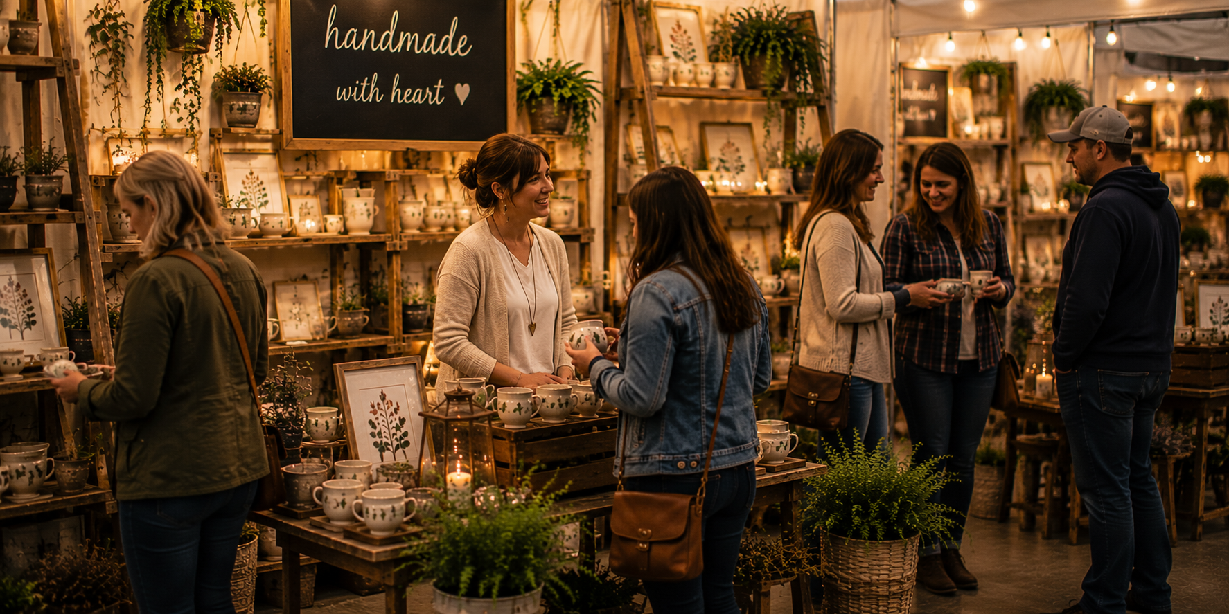 Friendly interactions and relaxed shoppers inside a warm craft booth, showing how small improvements create momentum.