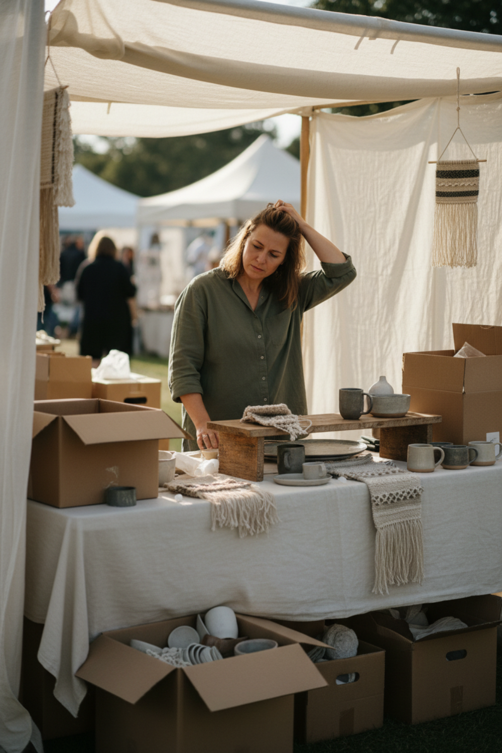 A craft vendor setting up a clean, modern booth display with neutral fabrics and pottery, looking unsure while adjusting layout, illustrating a booth that looks good but isn’t attracting shoppers.
